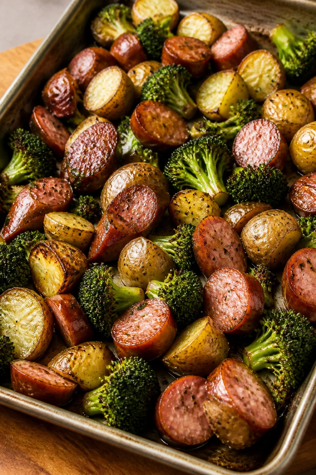 Sheet pan sausage with broccoli and potatoes on a pan