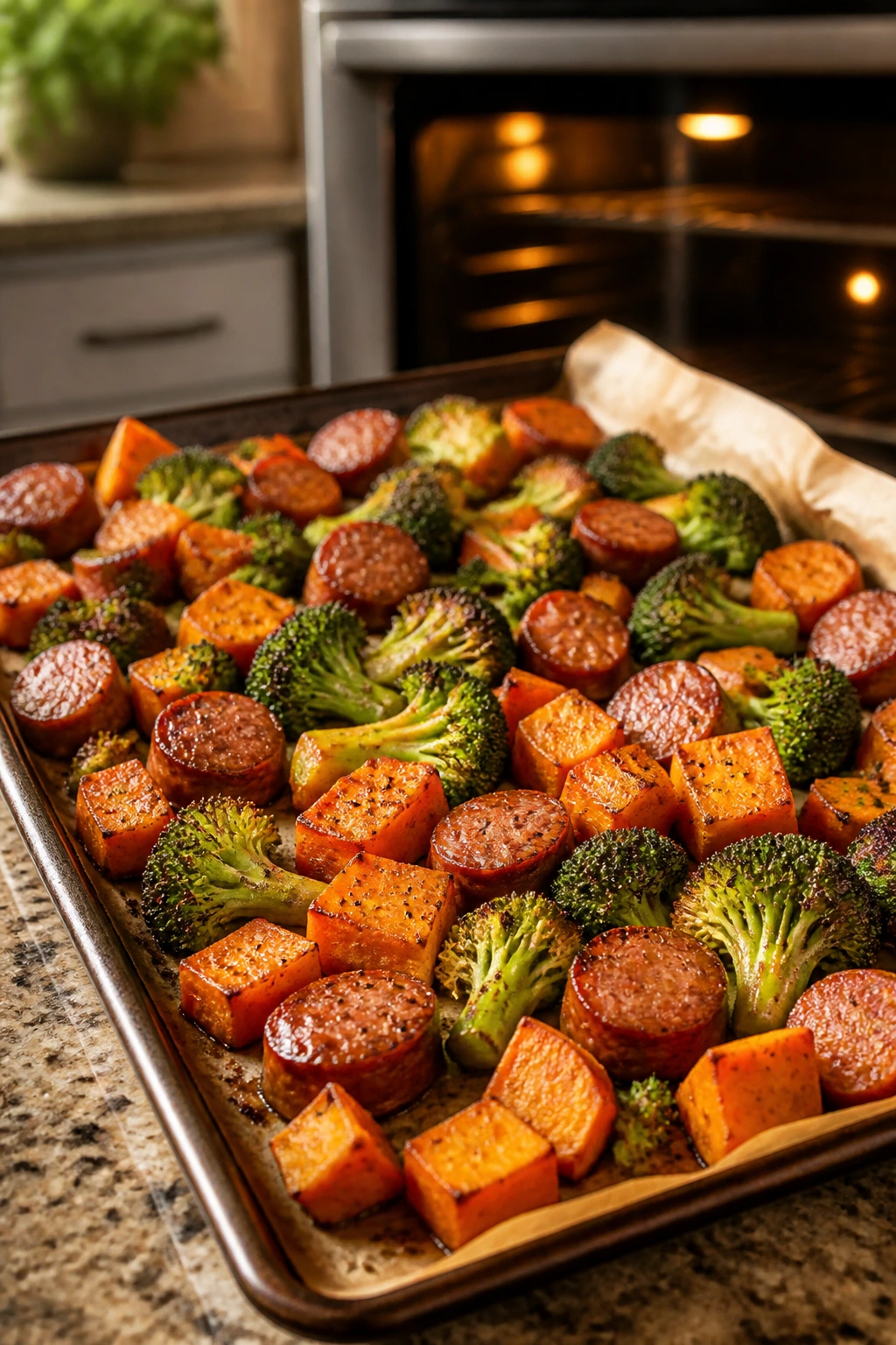 Close-up of sheet-pan sausage with broccoli and sweet potatoes roasting in a home kitchen