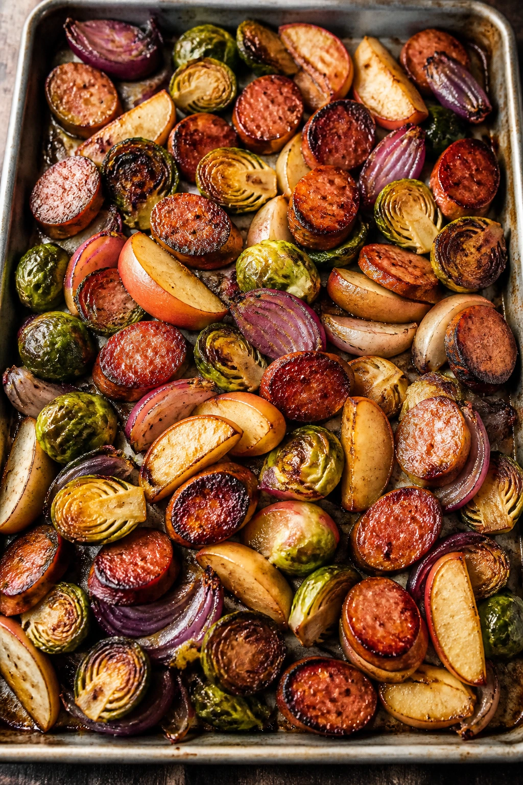 Sheet pan with sausage, Brussels sprouts, apples, and onions, roasted.