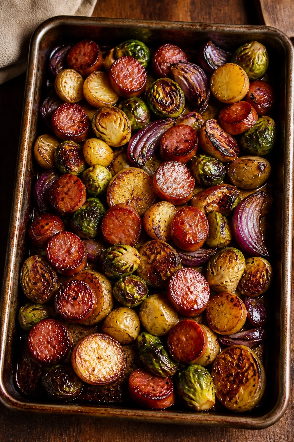 Sheet-pan supper with sausage and vegetables, glossy glaze