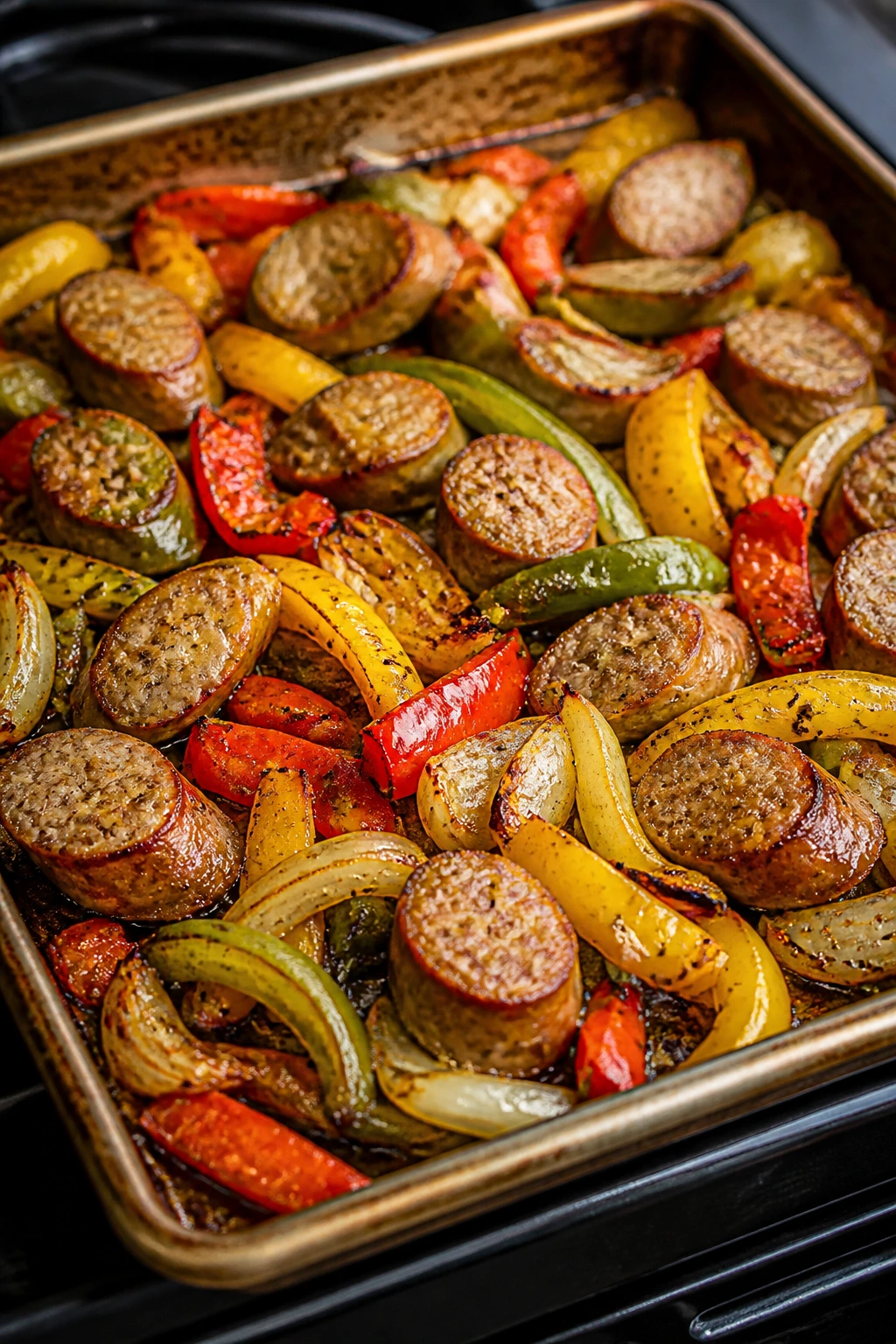 Close-up of roasted sausage and peppers on a sheet pan