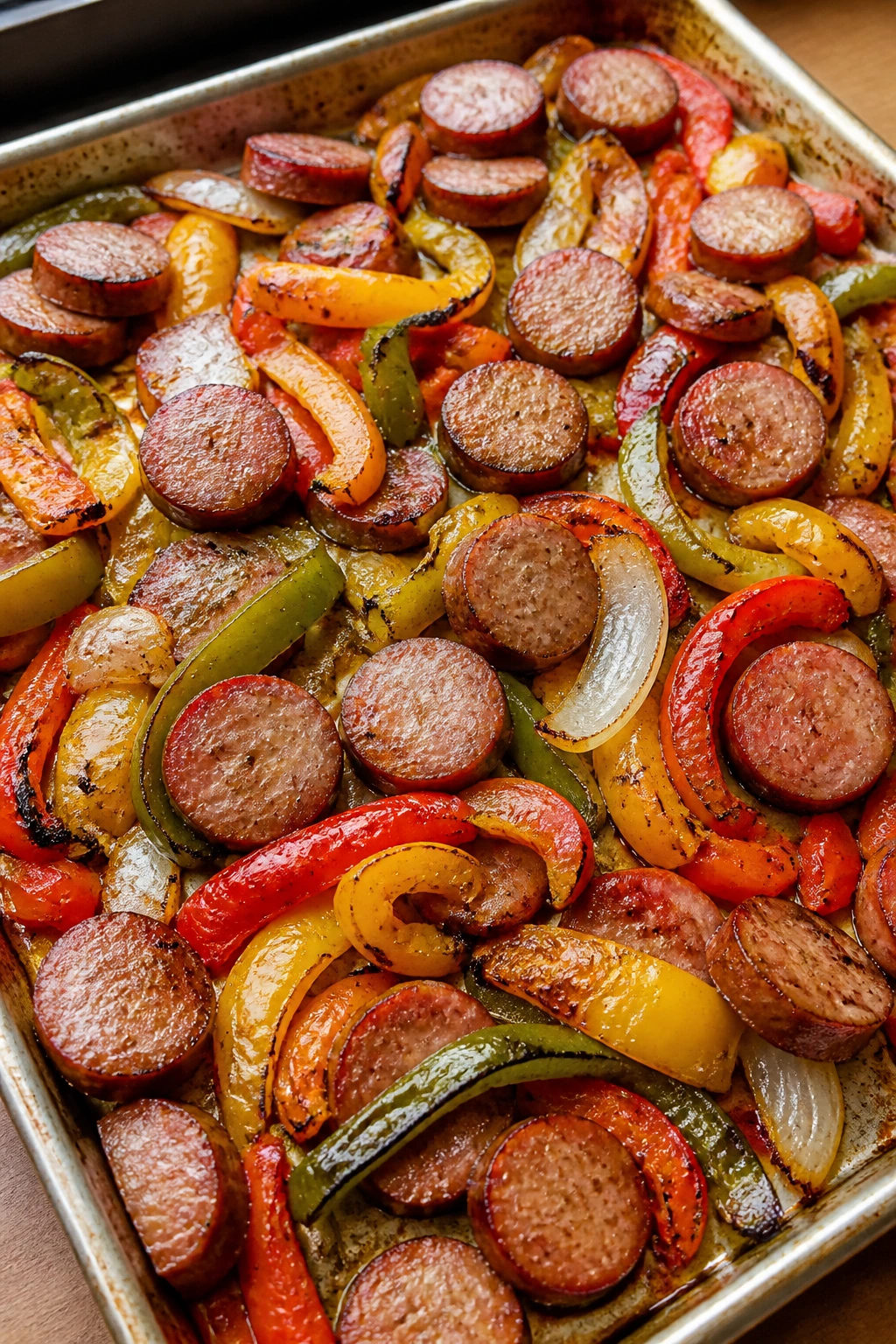 Sheet pan sausage and peppers on a baking sheet
