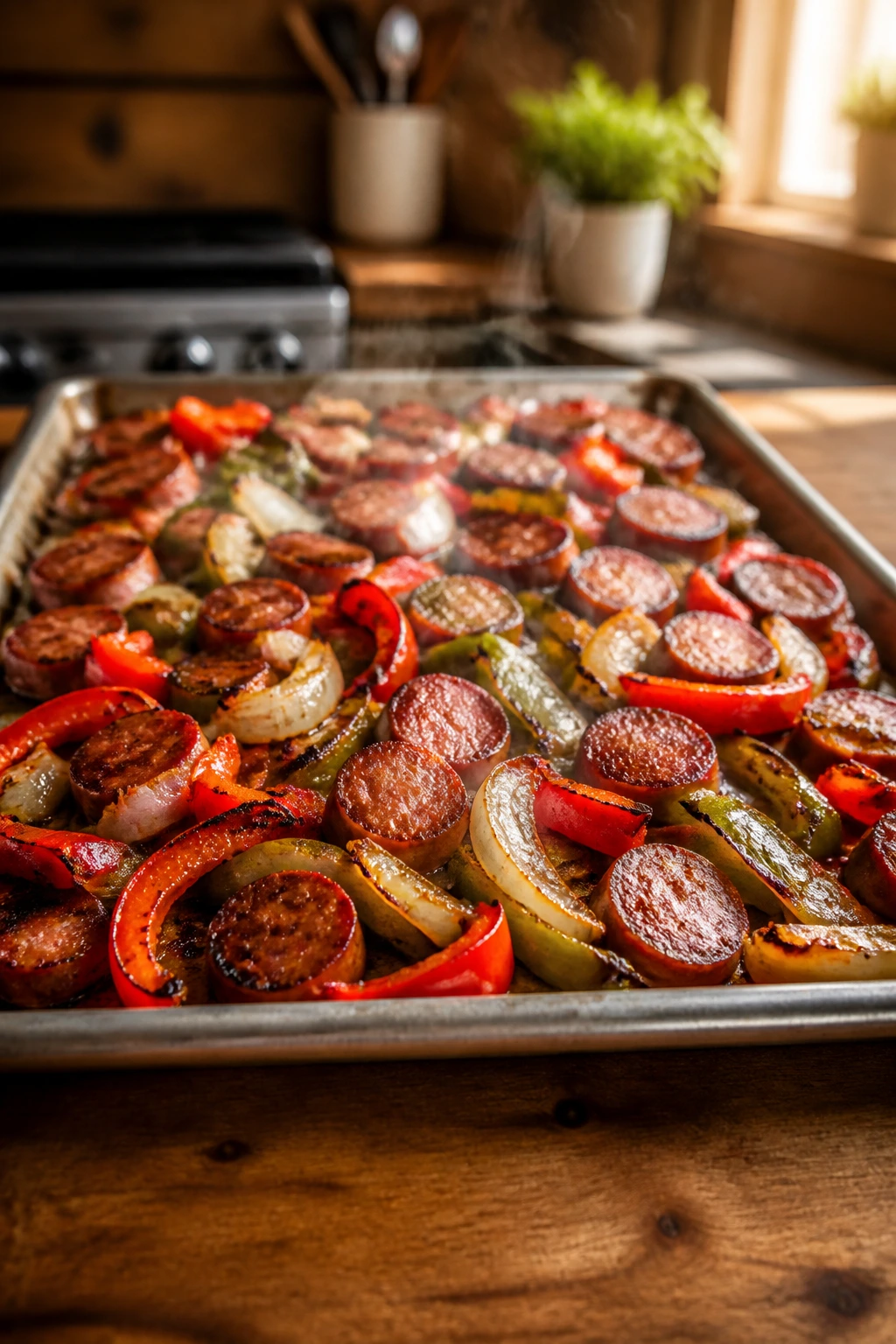 Close-up of sheet pan with sausage and peppers roasting in a warm home kitchen