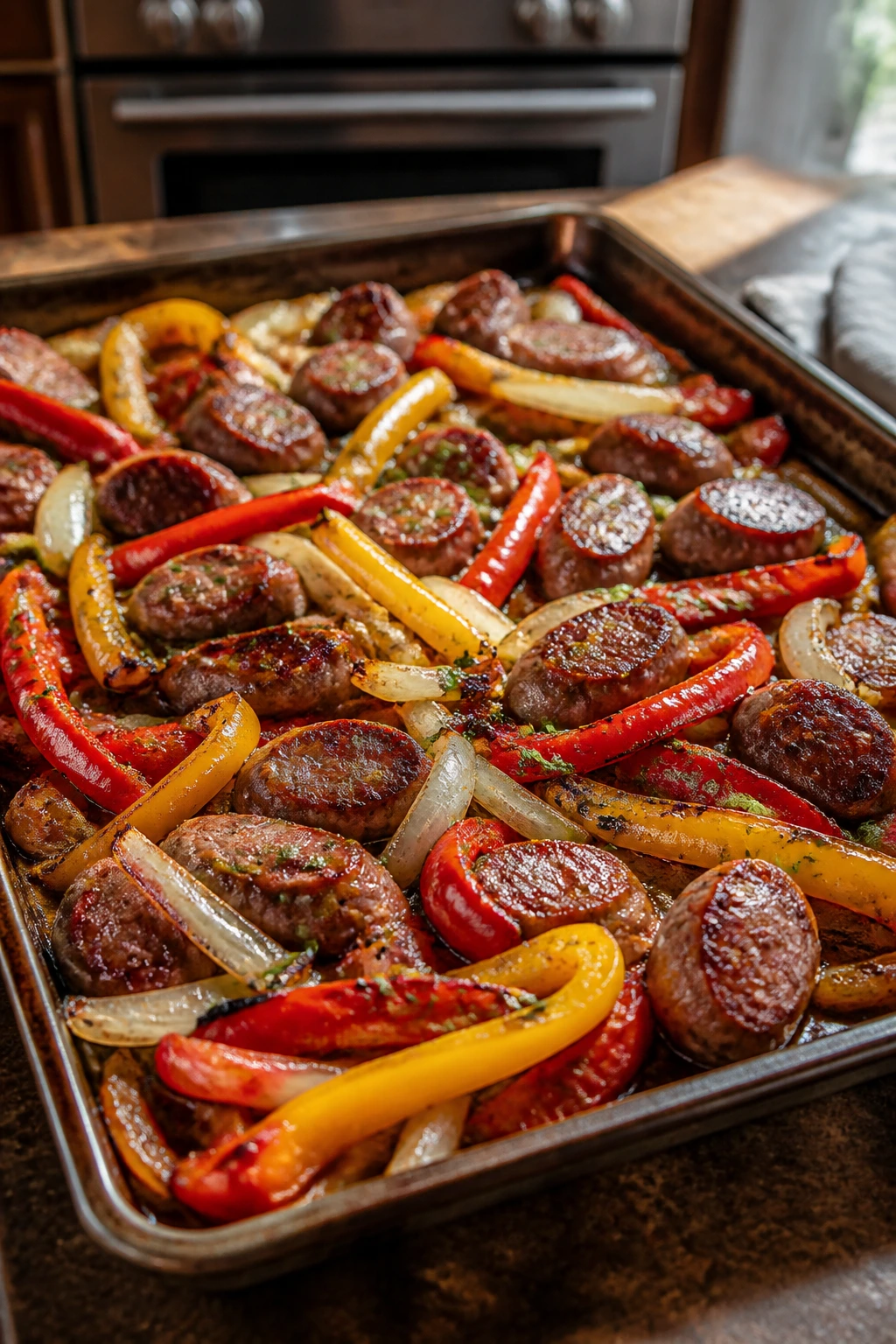 Close-up of sheet pan sausage and peppers on a rustic kitchen counter with roasted peppers and onions