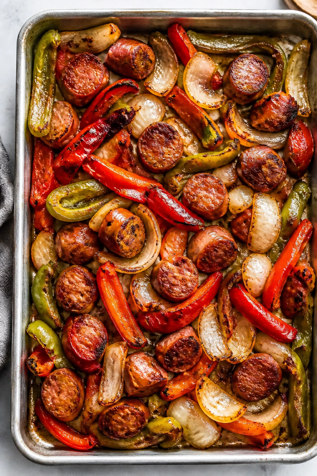 Sheet-pan sausage with peppers and onions fresh from the oven