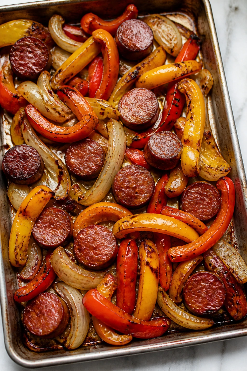 Roasted sheet-pan sausage with peppers and onions on a metal tray