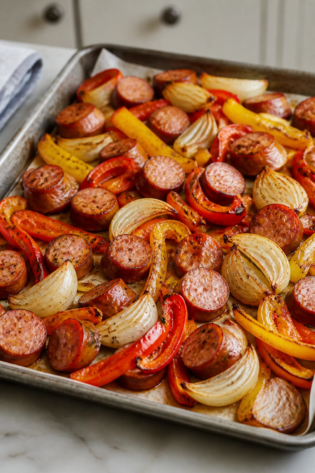 Sheet-pan smoked sausage with peppers and onions in a singleLayer arrangement