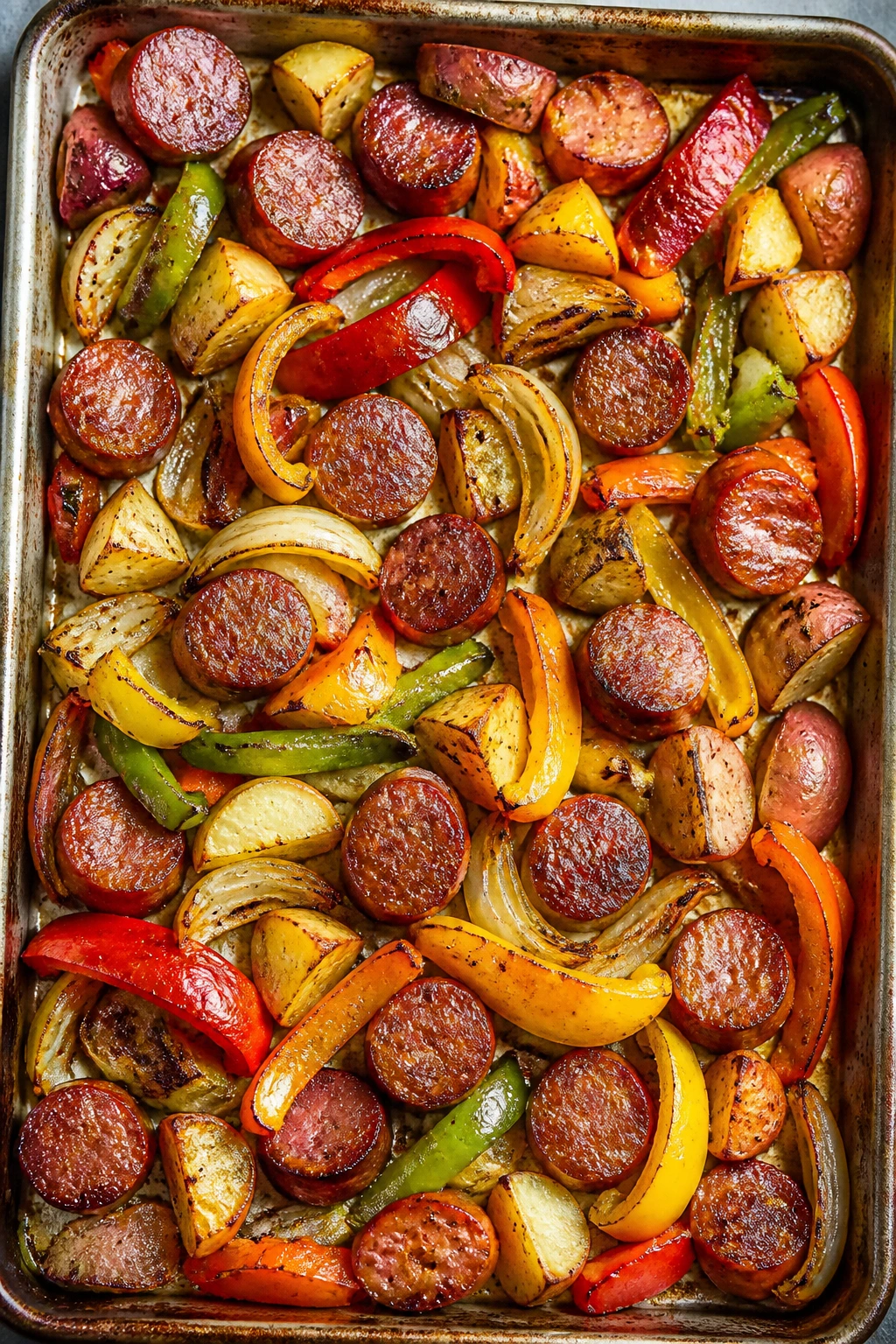 Sheet-pan sausage with peppers and onions