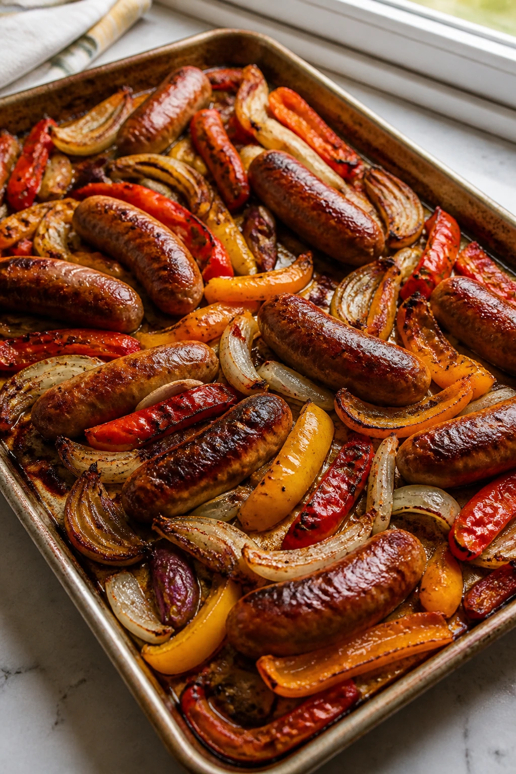 Sheet-pan sausage with peppers and onions roasted golden