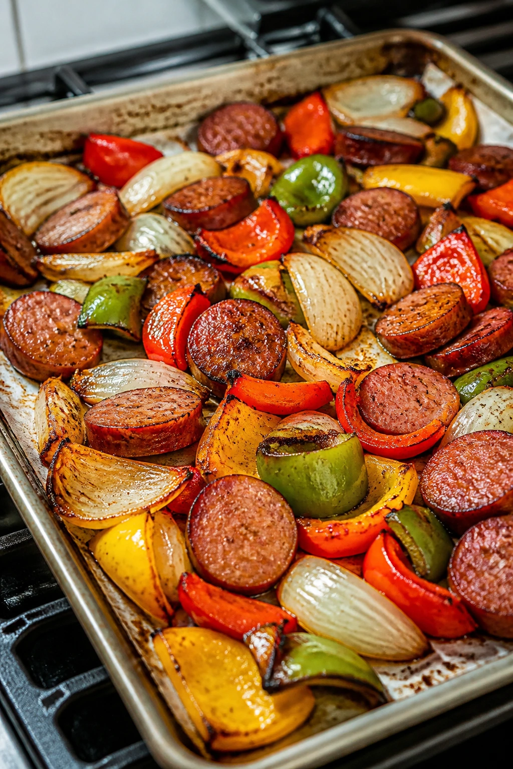 Close-up of sheet pan with smoked sausage, peppers, and onions.