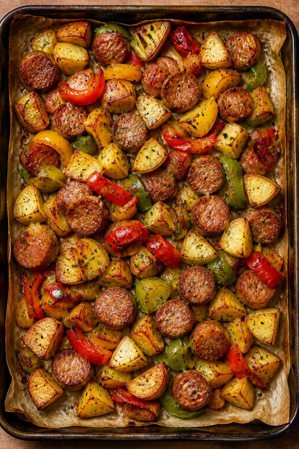 Sheet-pan sausage with peppers and potatoes after roasting on a kitchen counter