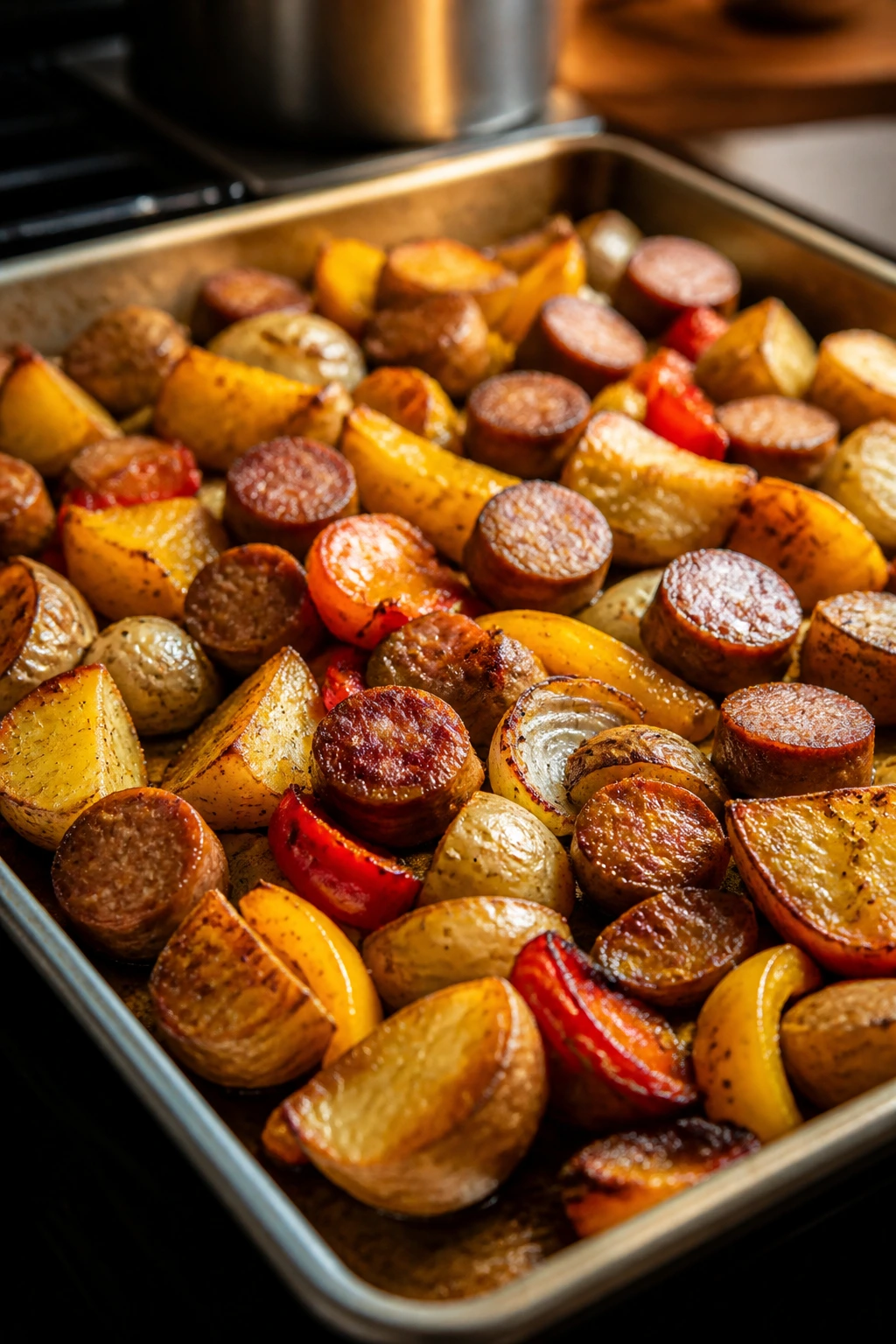 Sheet-pan sausage peppers and potatoes on a baking sheet