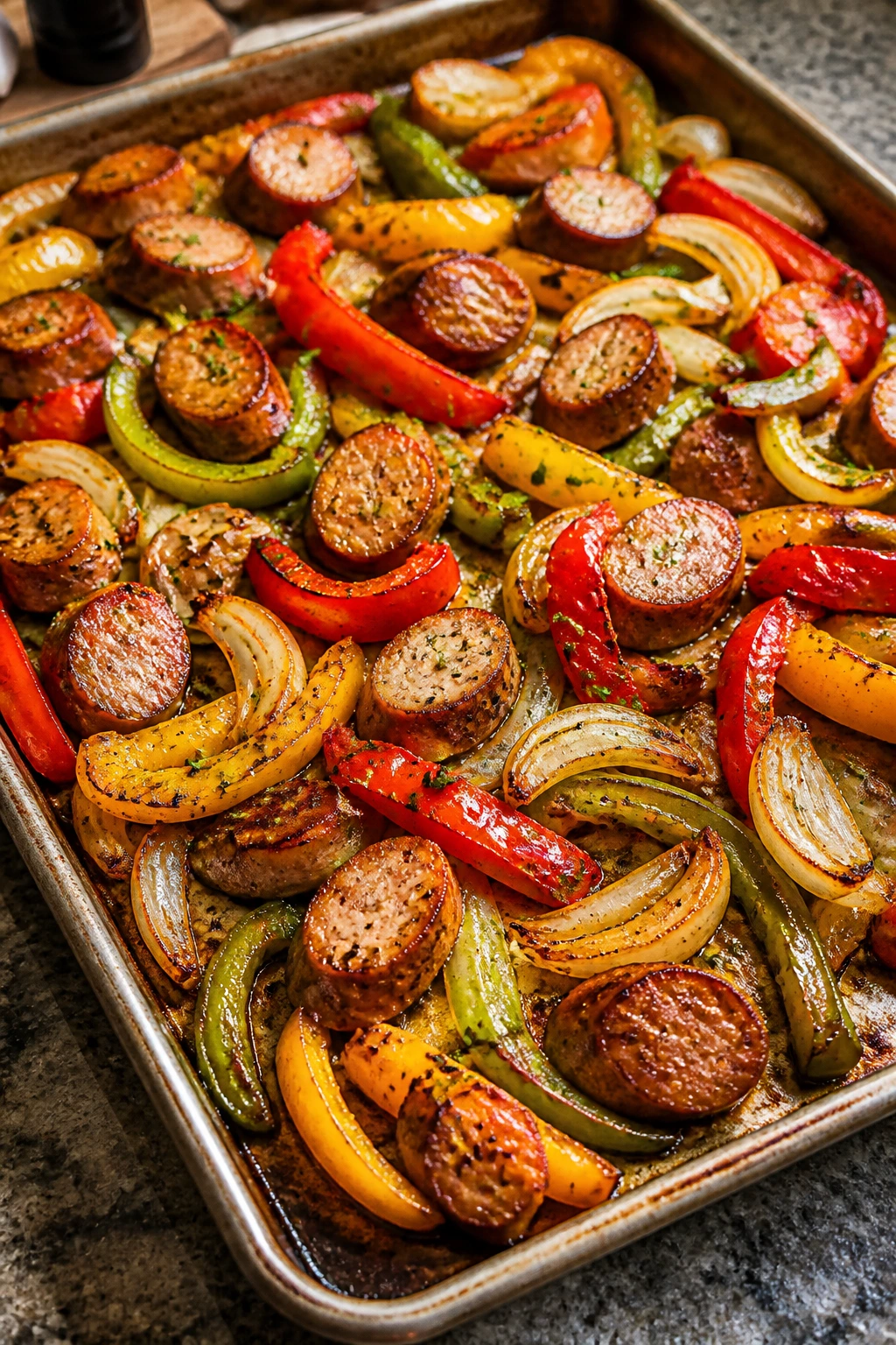 Sheet-pan sausage and peppers fresh from the oven