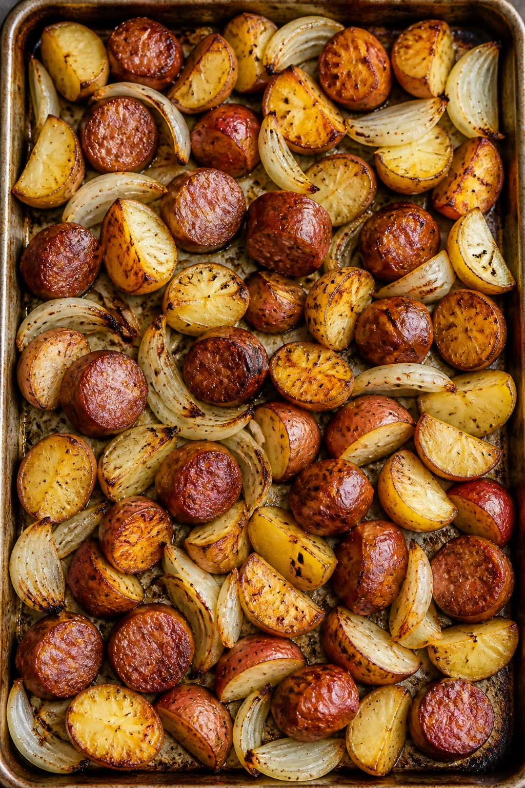 Sheet pan with sausage potatoes and onions in a kitchen