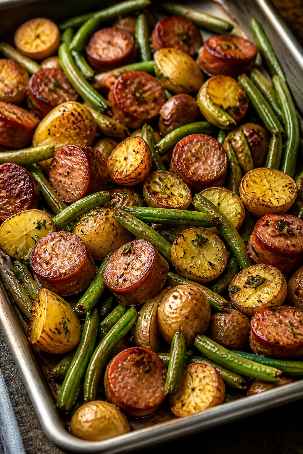 Sheet-pan dinner with sausage, potatoes, and green beans