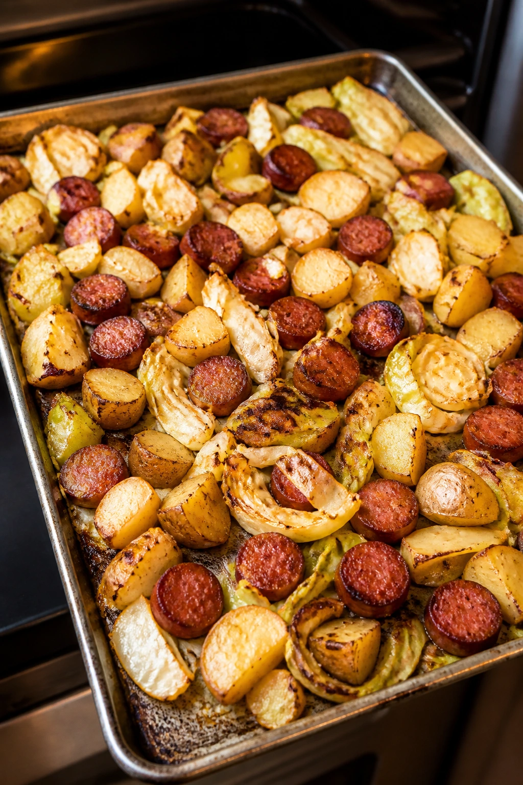 Sheet pan with roasted sausage, potatoes, and cabbage