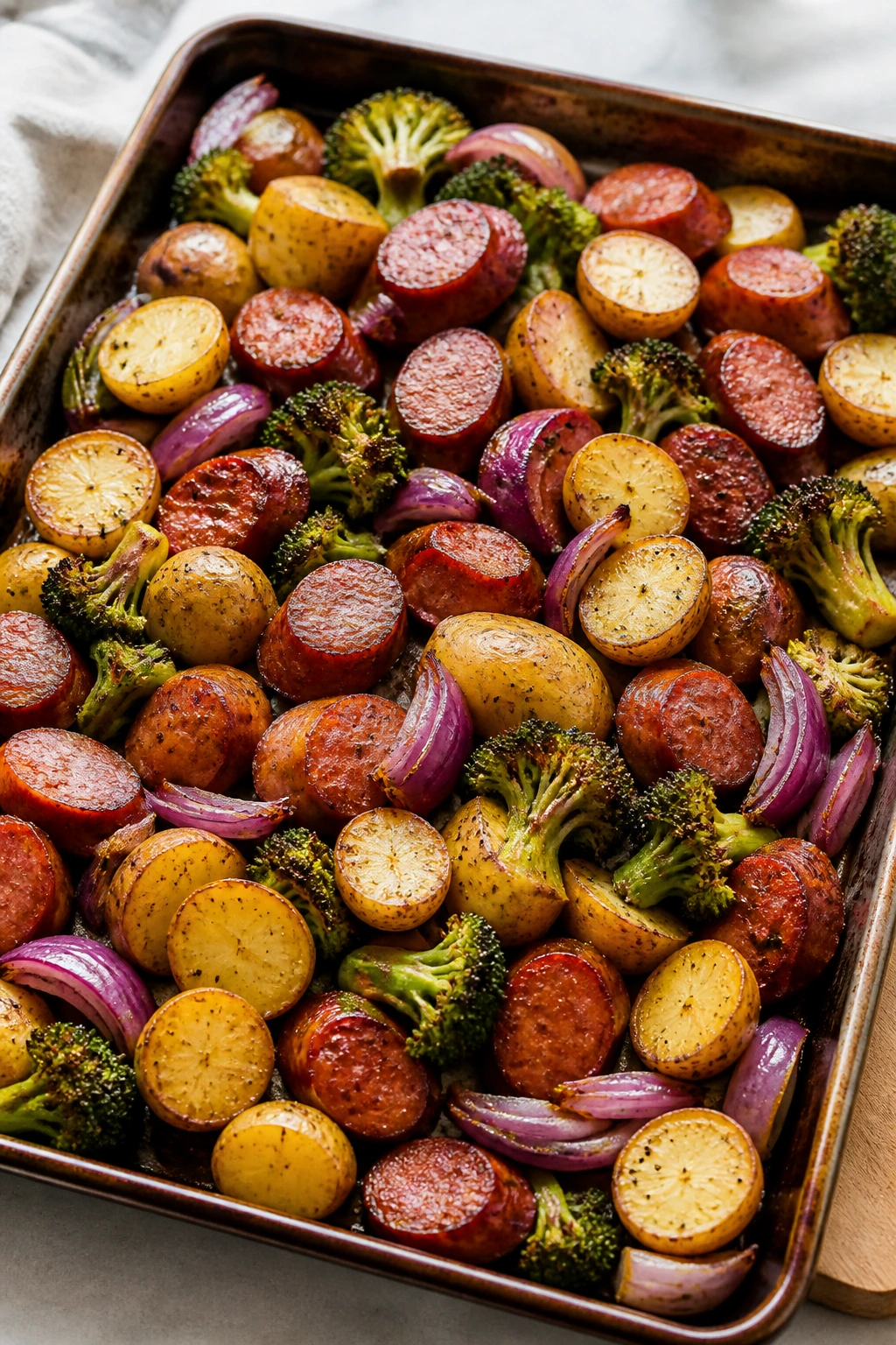 Sheet pan with roasted potatoes, smoked sausage, onion and broccoli