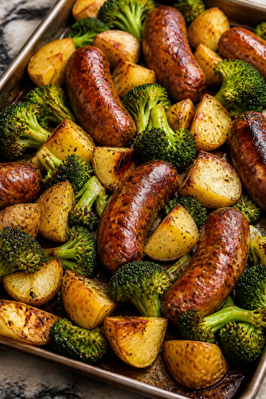 Sheet-pan sausage with potatoes and broccoli
