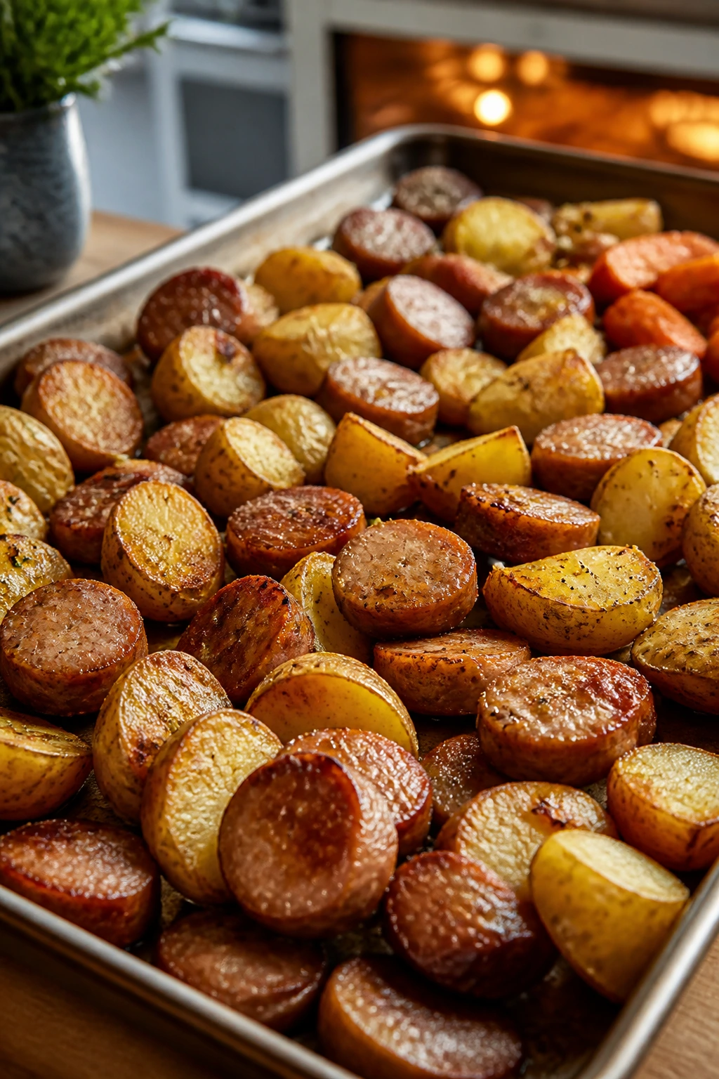Close-up of sheet pan with browned sausage and crispy potatoes for a kid-friendly dinner