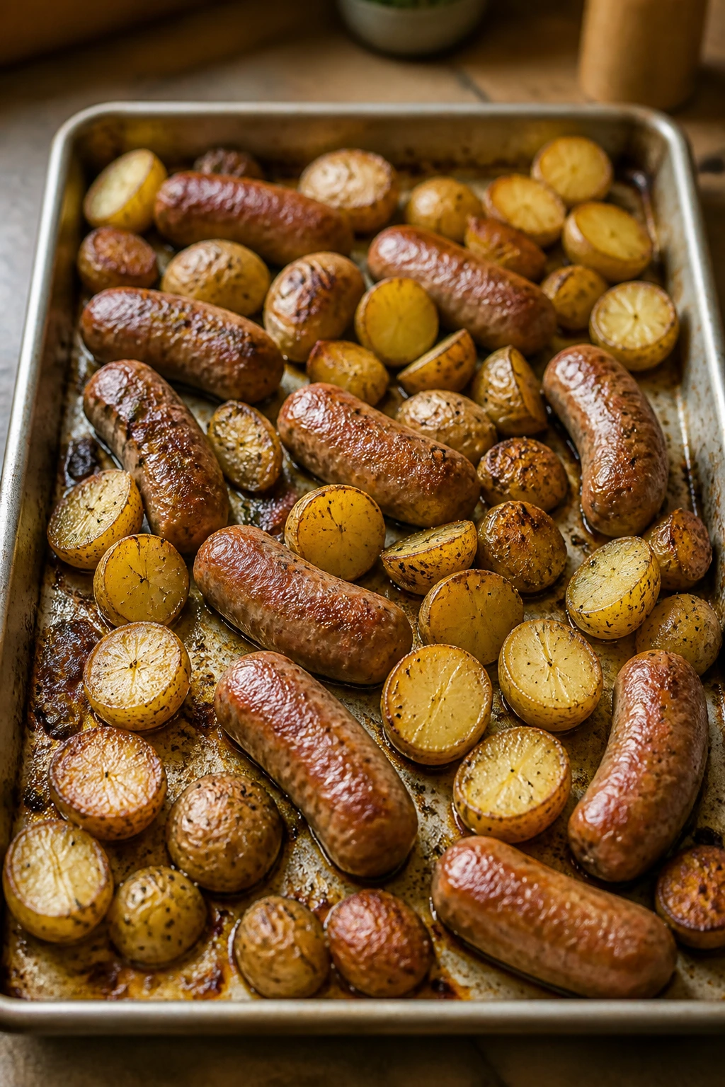 Top-down view of a sheet pan with roasted potatoes and sausages in a kitchen