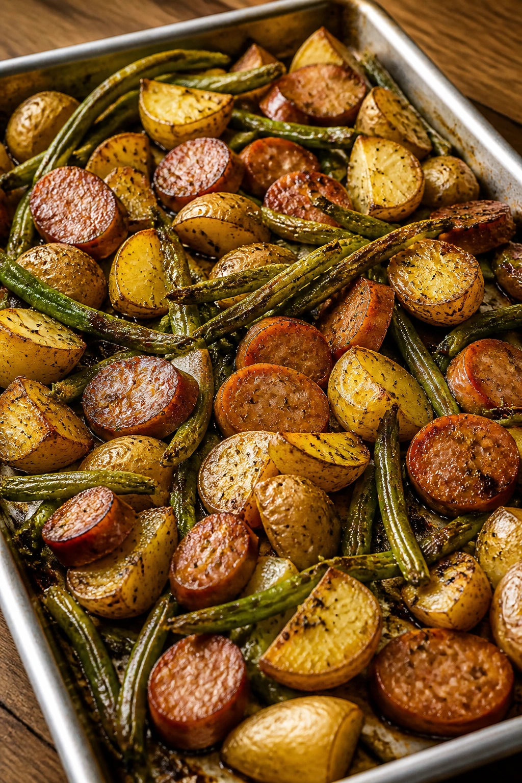 Close-up of sheet pan sausage and potatoes