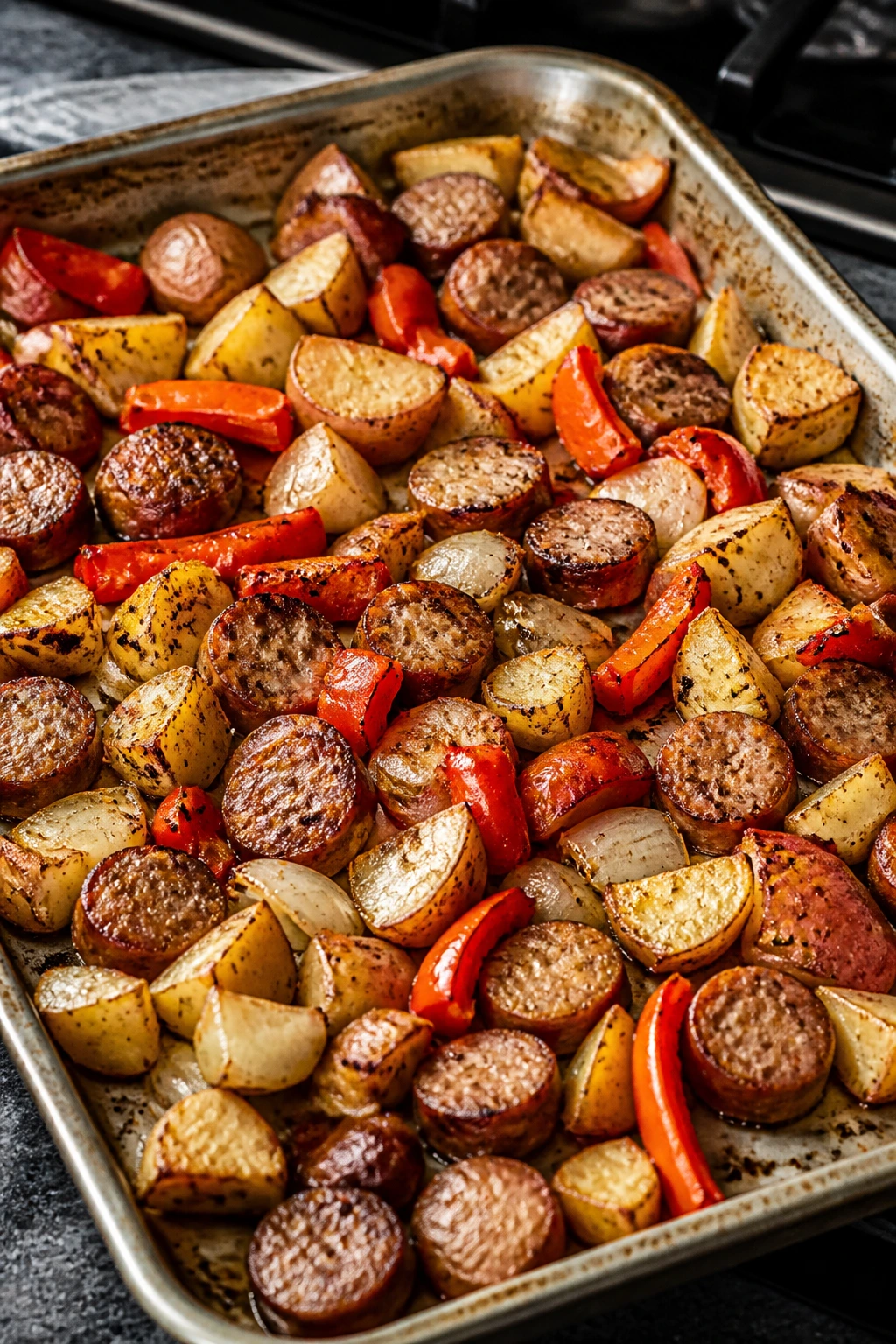 Sheet pan sausage and potatoes on a pan with peppers and onions