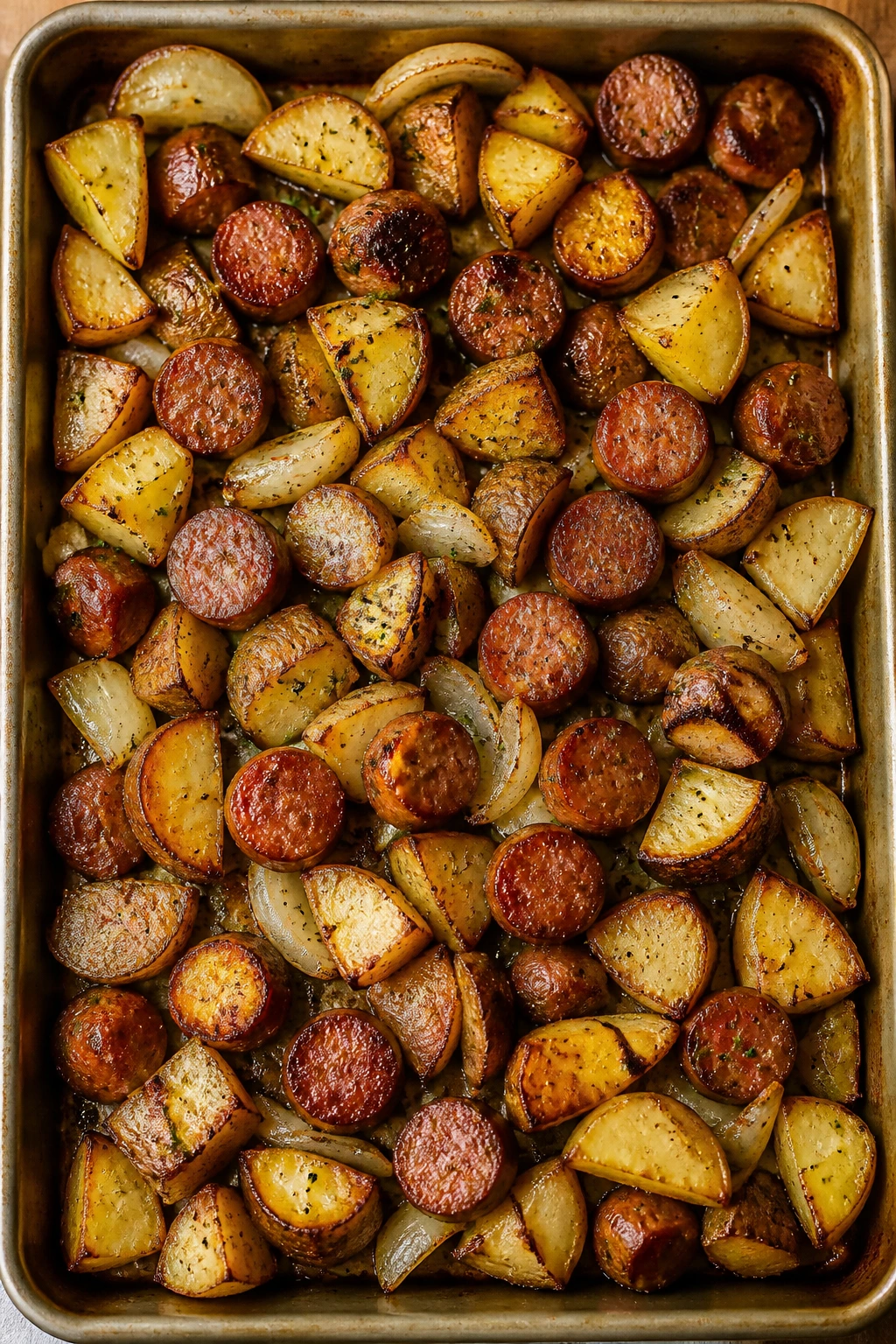 Top-down view of a sheet pan with sausage and potatoes