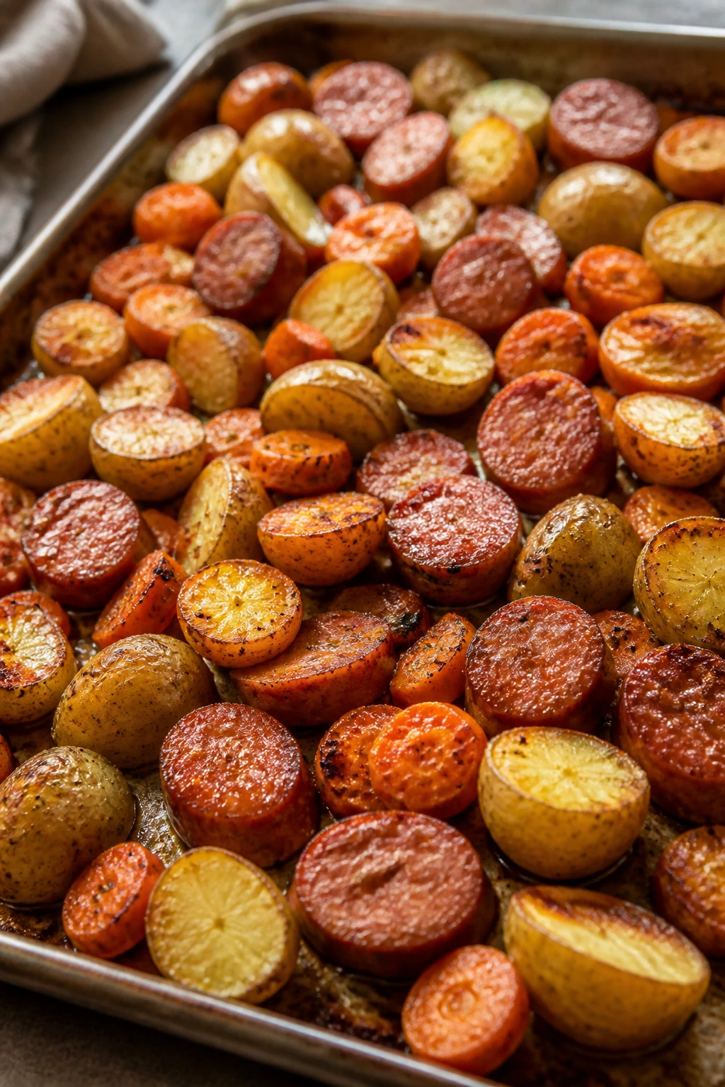 Sheet pan with sausage, potatoes, and carrots roasted to perfection