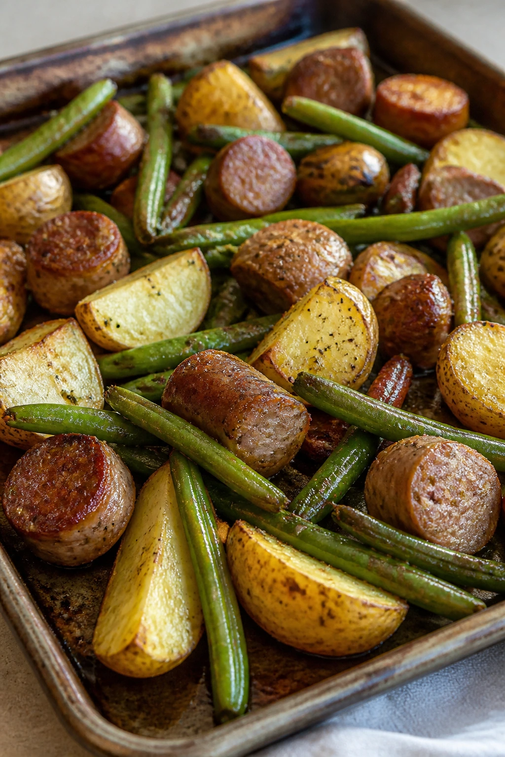 Close-up of sheet-pan sausage, potatoes, and green beans