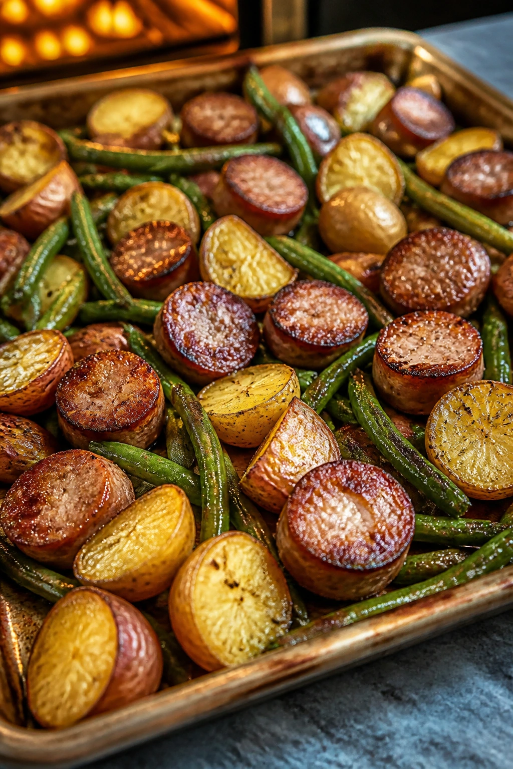 Sheet pan with sausage, potatoes, and green beans on a kitchen counter