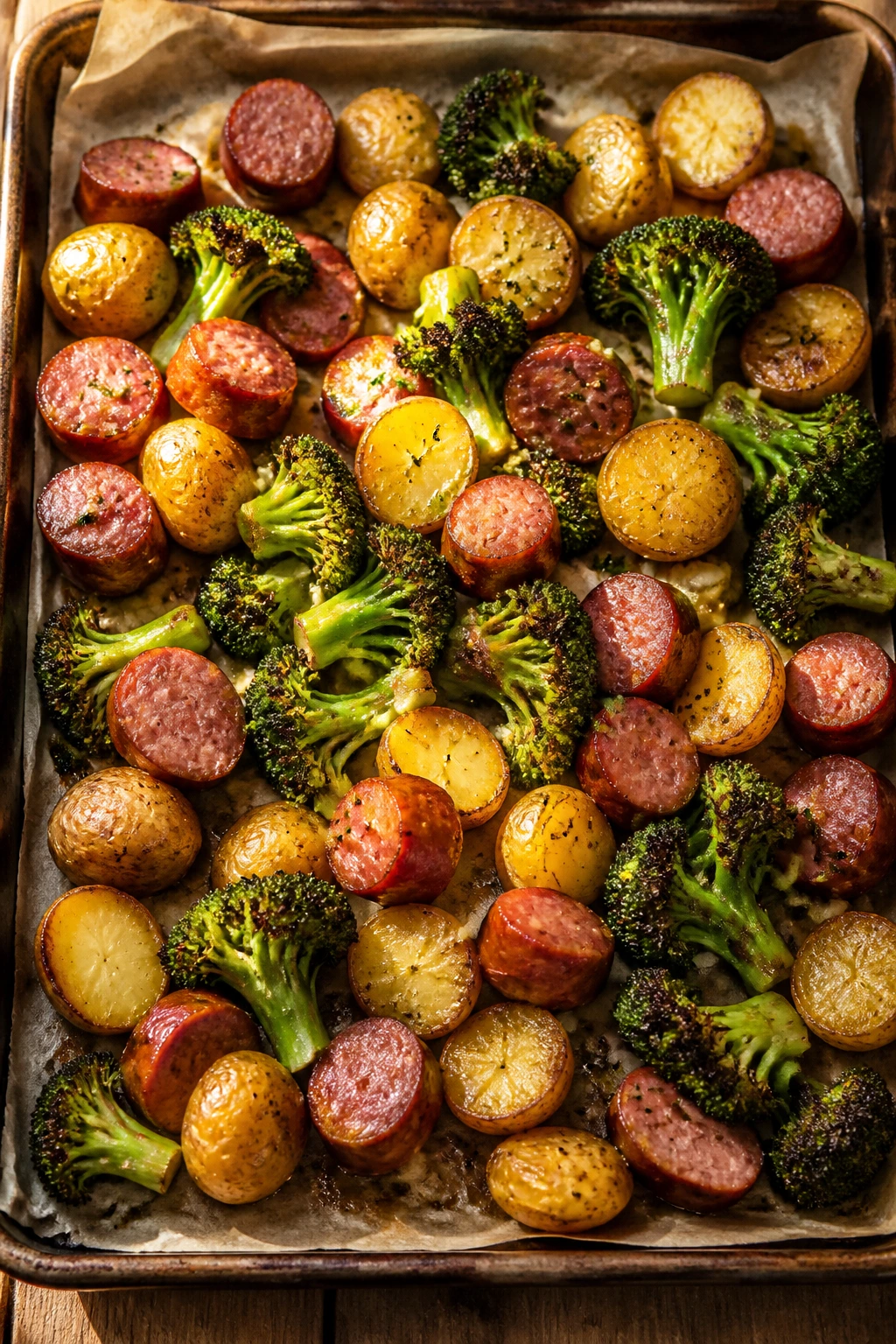 Roasted sheet pan with smoked sausage, broccoli, and baby potatoes on parchment