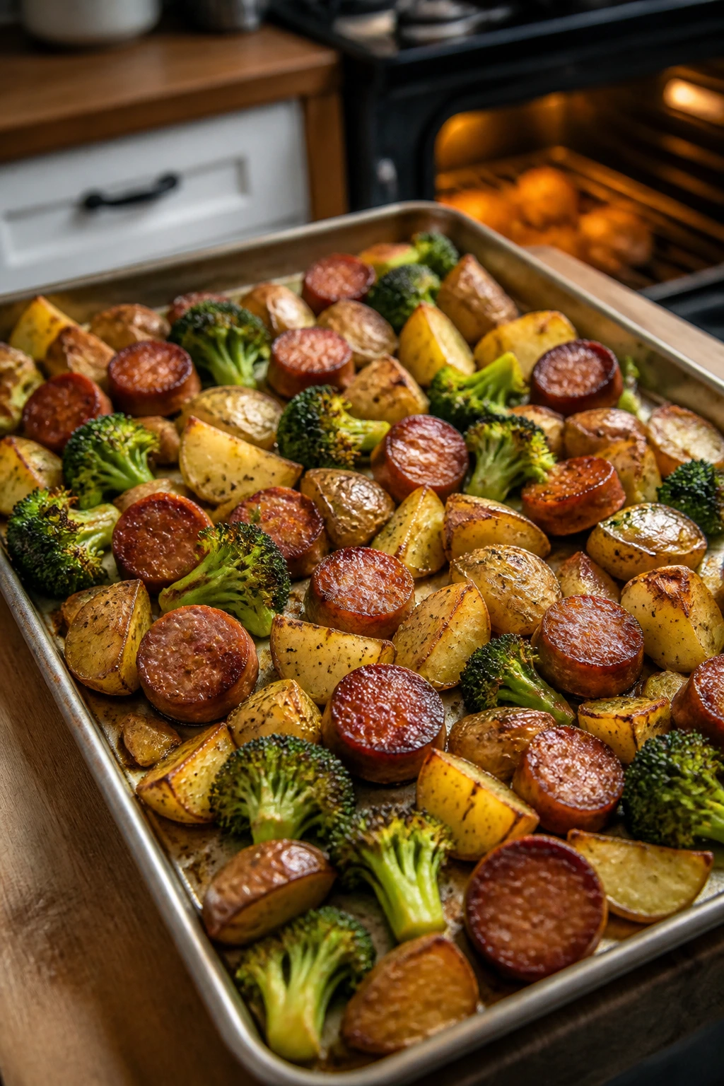 Close-up of a sheet-pan sausage and potatoes with broccoli browning in a warm kitchen