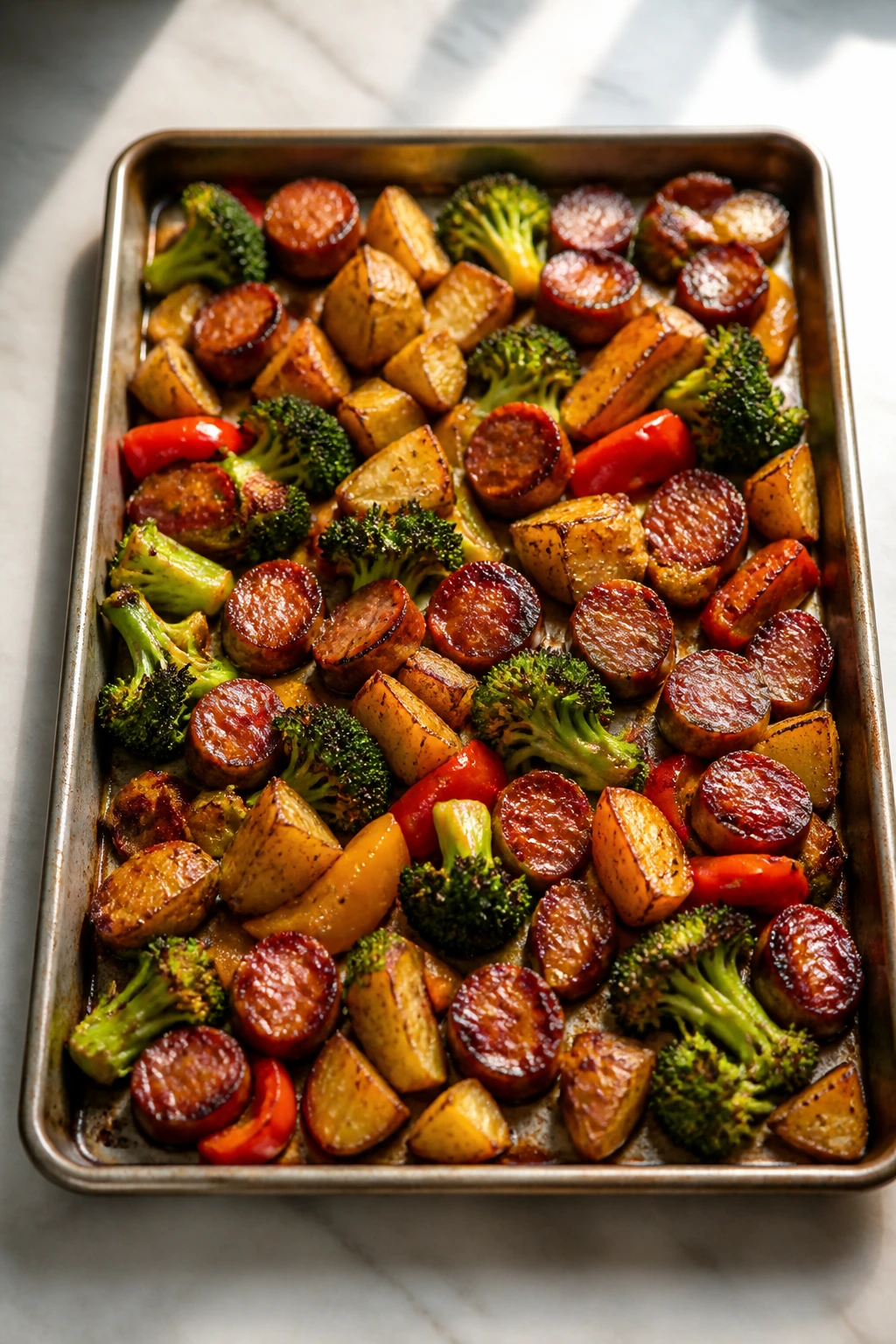 Top-down view of a sheet-pan with crispy potatoes and sausage with vegetables