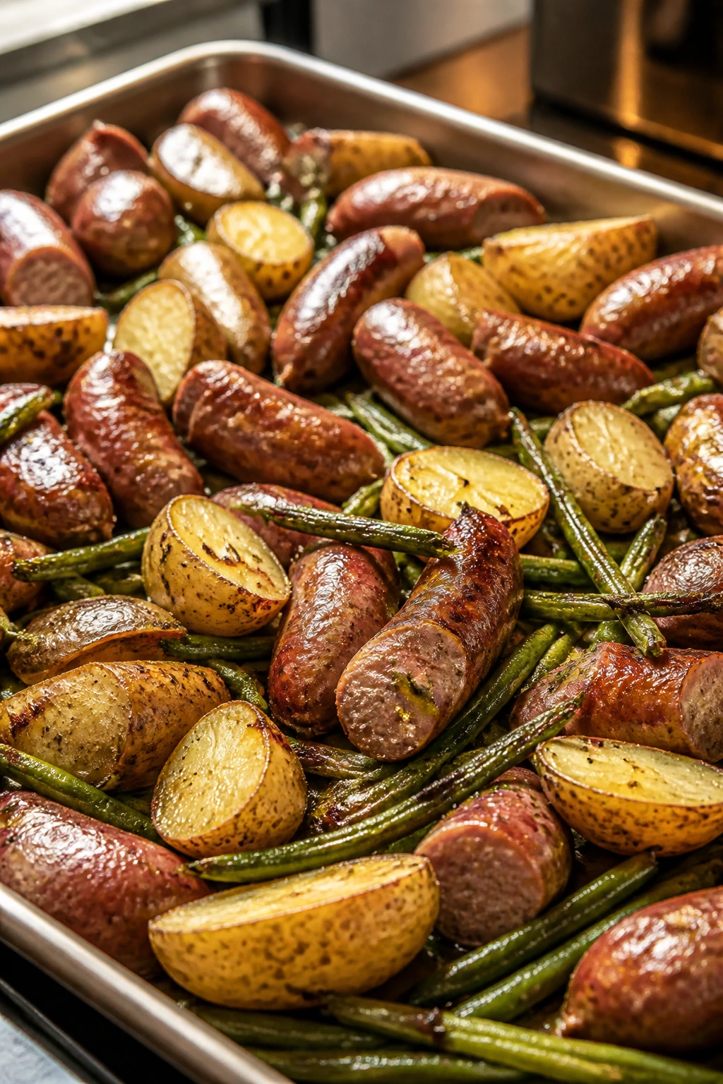 Sheet pan with roasted sausage, potatoes, and green beans