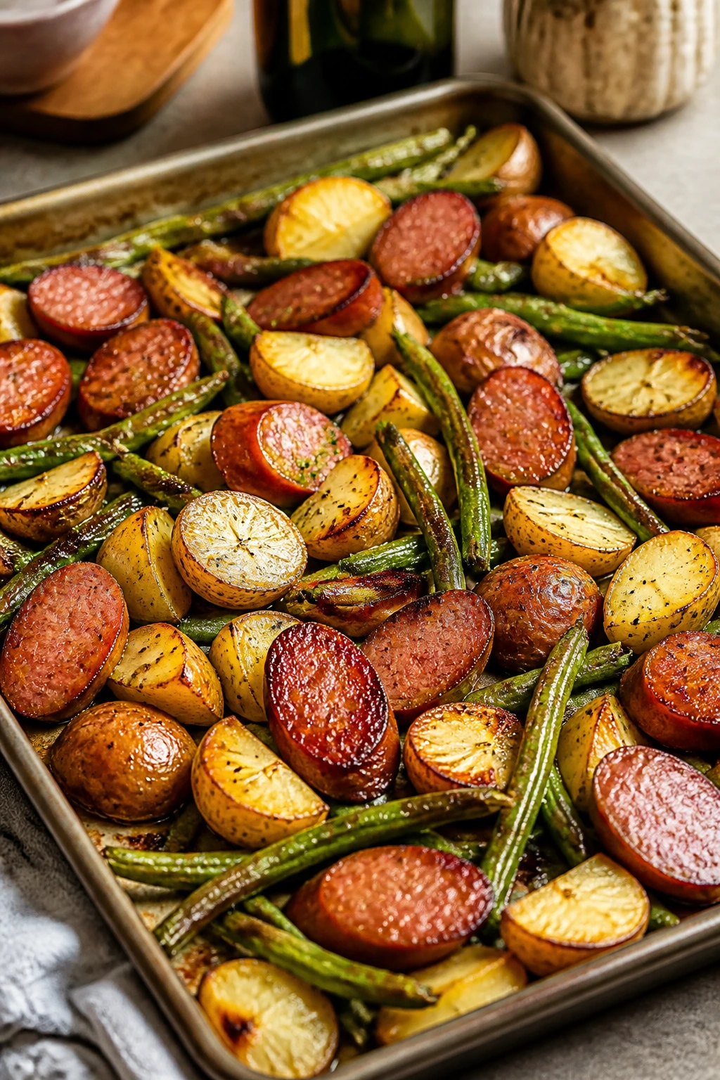 Sheet-pan sausage with potatoes and green beans roasted