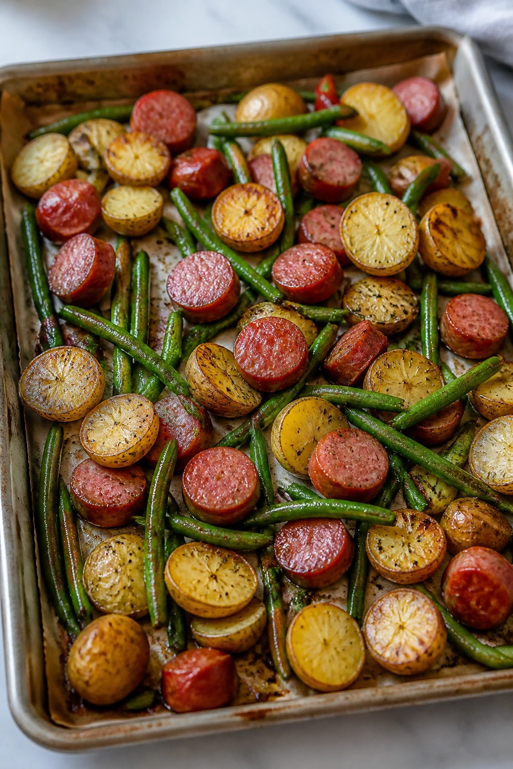 Sheet pan with potatoes, sausage, and green beans