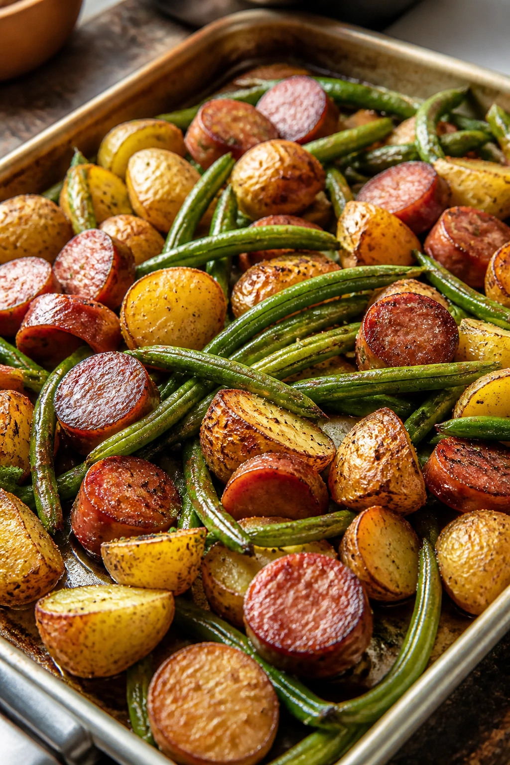 Sheet-pan sausage with potatoes and green beans straight from the oven