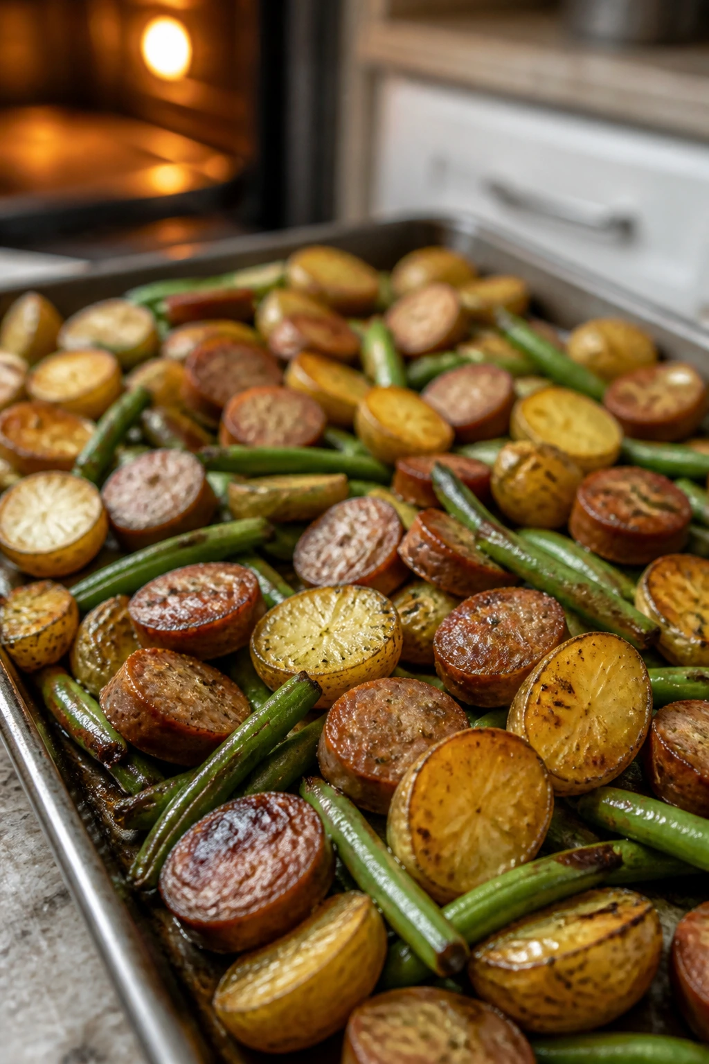 Close-up of sheet-pan sausage with potatoes and green beans, roasted and crisp.