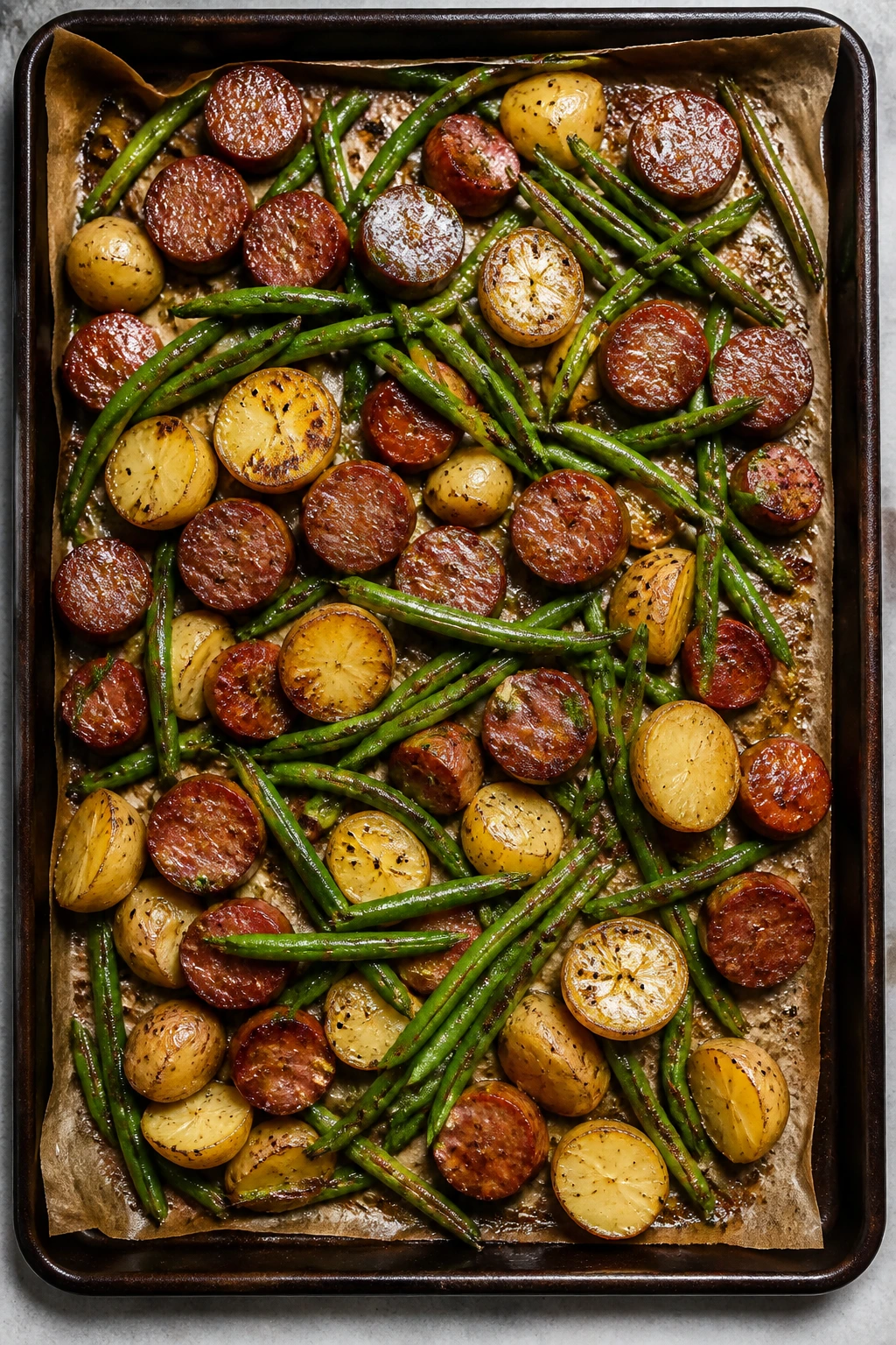 Sheet pan sausage with potatoes and green beans