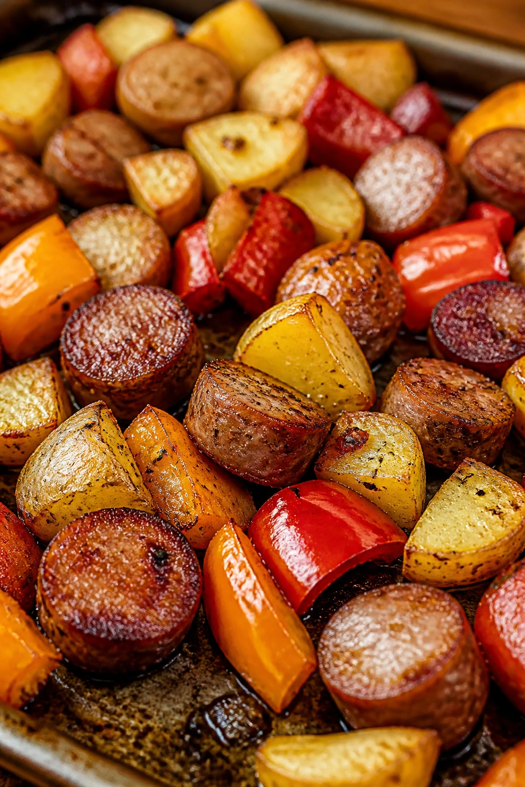 Close-up of roasted sausage, potato, and pepper bites on a sheet pan