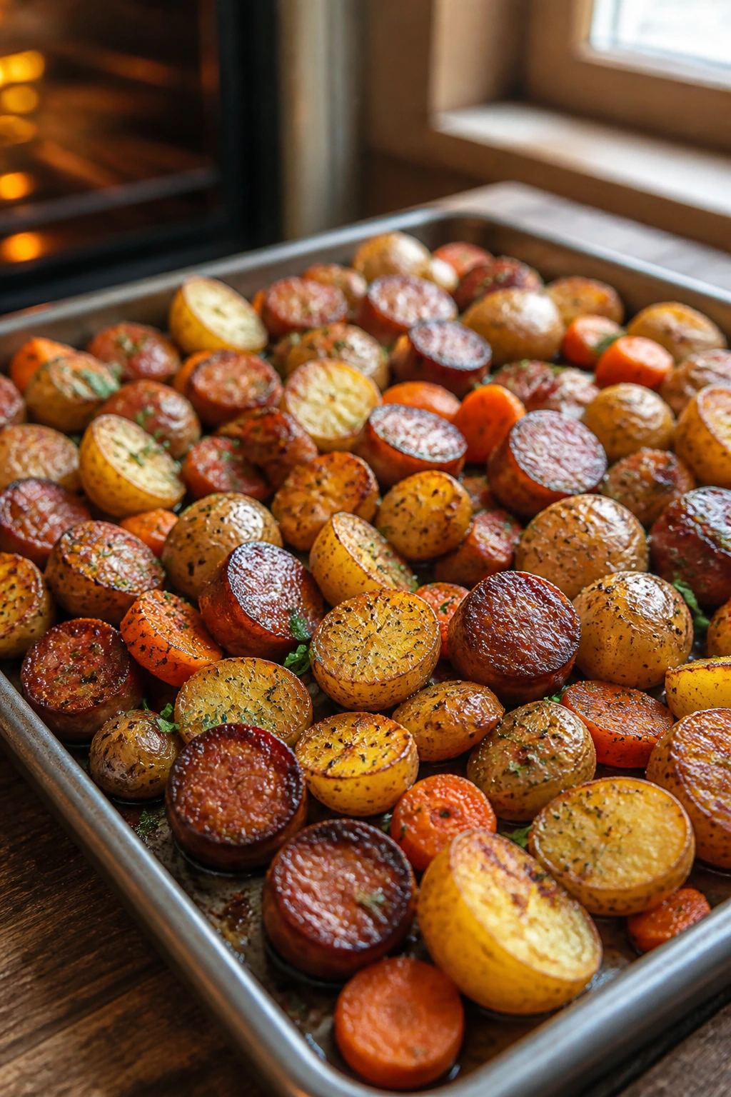 Close-up of sheet pan roasted sausage and potatoes on a wooden counter