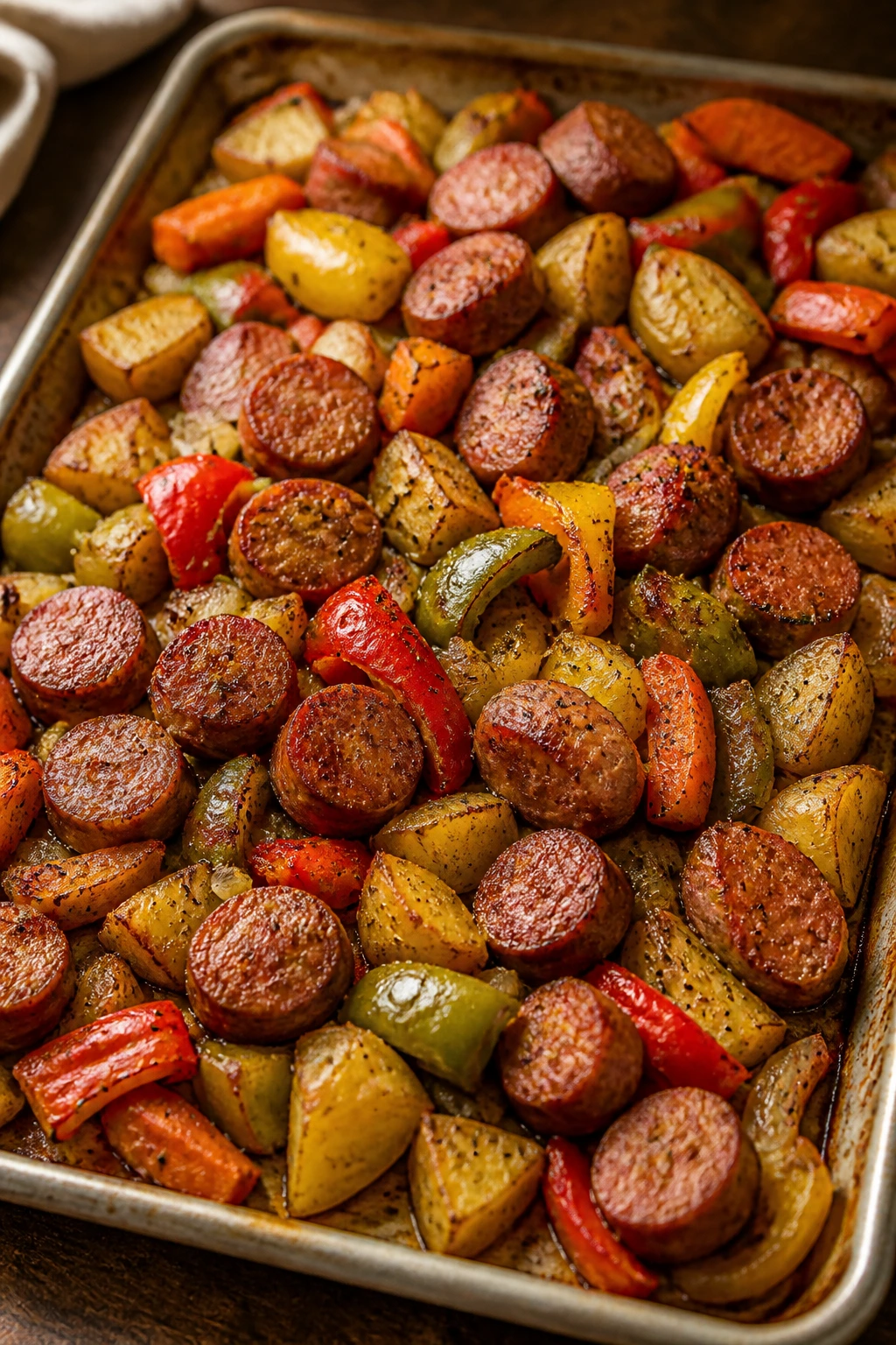 Close-up of sheet pan sausage and vegetables roasted
