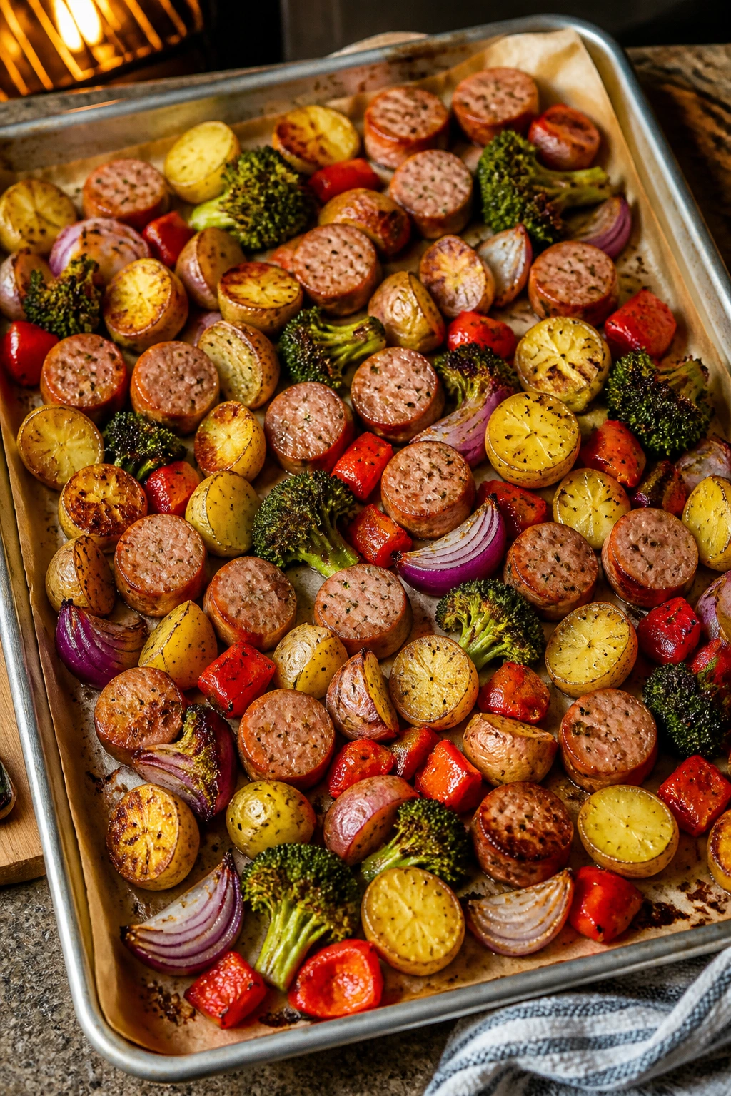 Close-up of sheet pan with roasted turkey sausage and colorful vegetables filling the frame