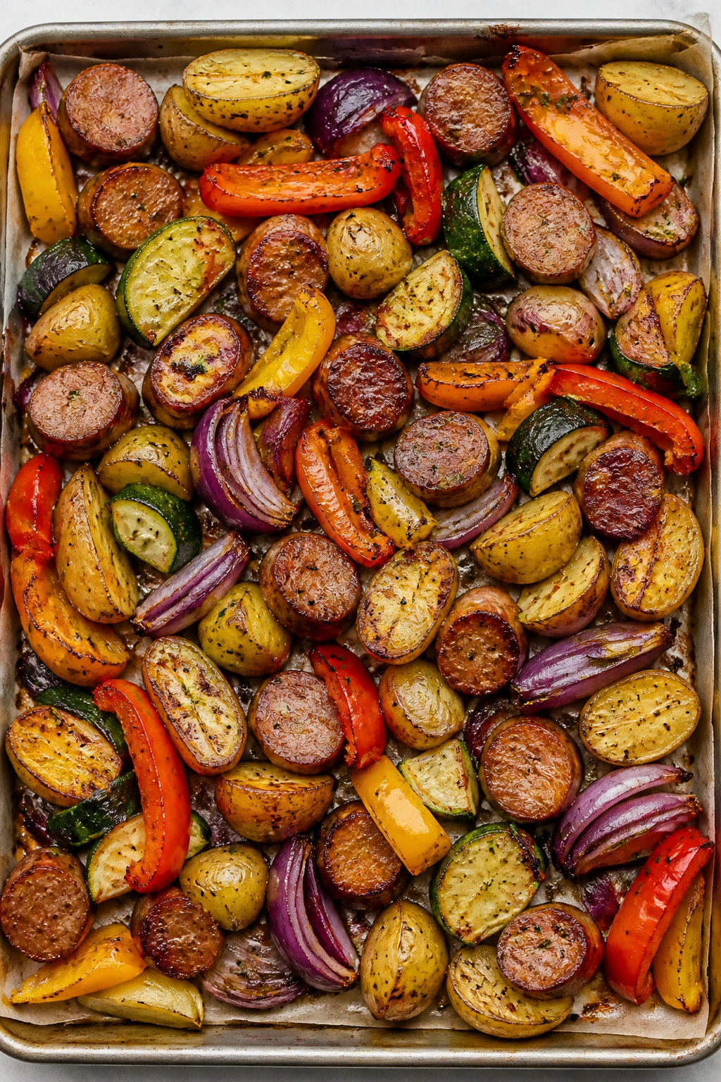 Top-down view of a sheet pan with roasted sausage and vegetables