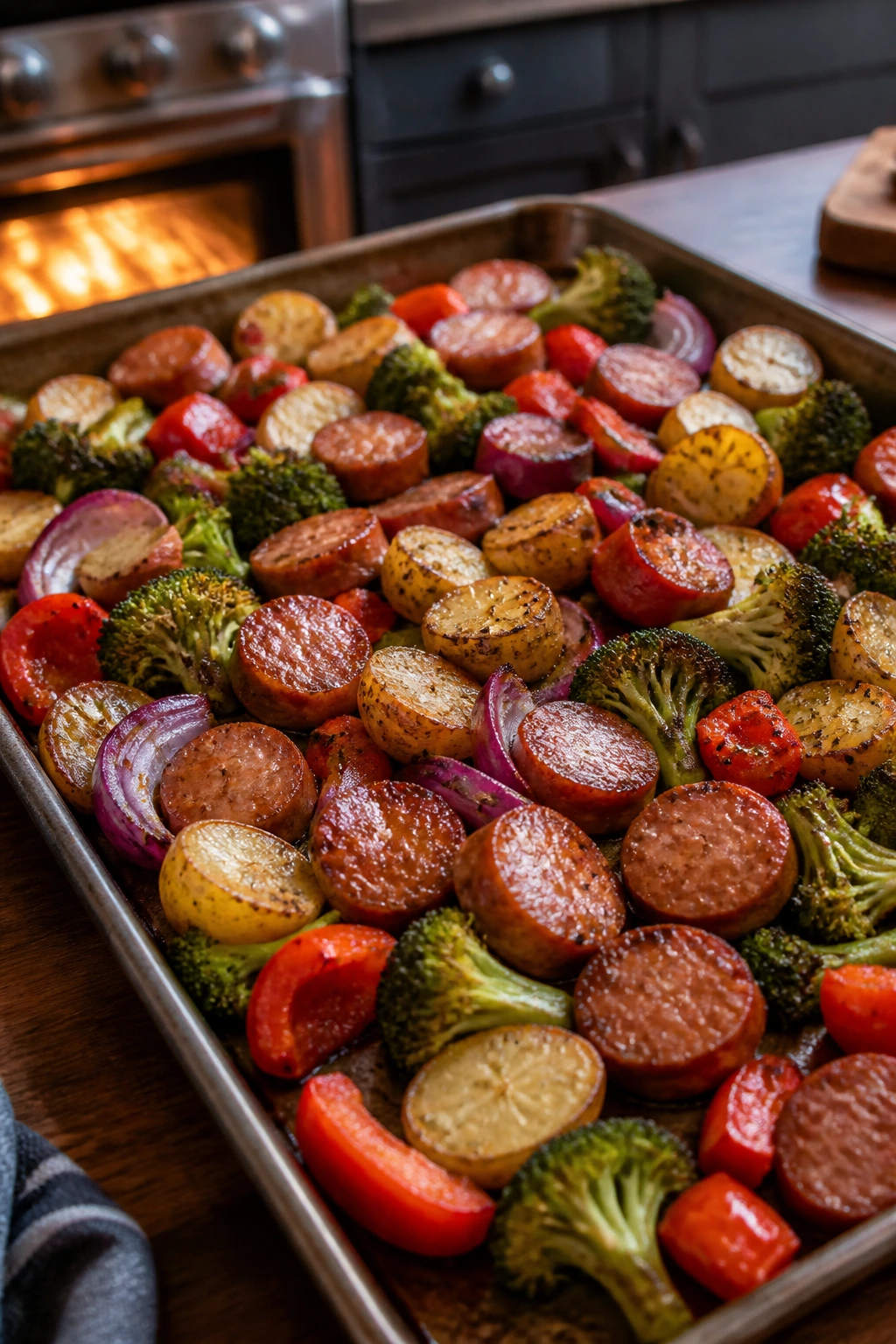 Close-up of sheet pan with sausage and roasted vegetables on kitchen counter