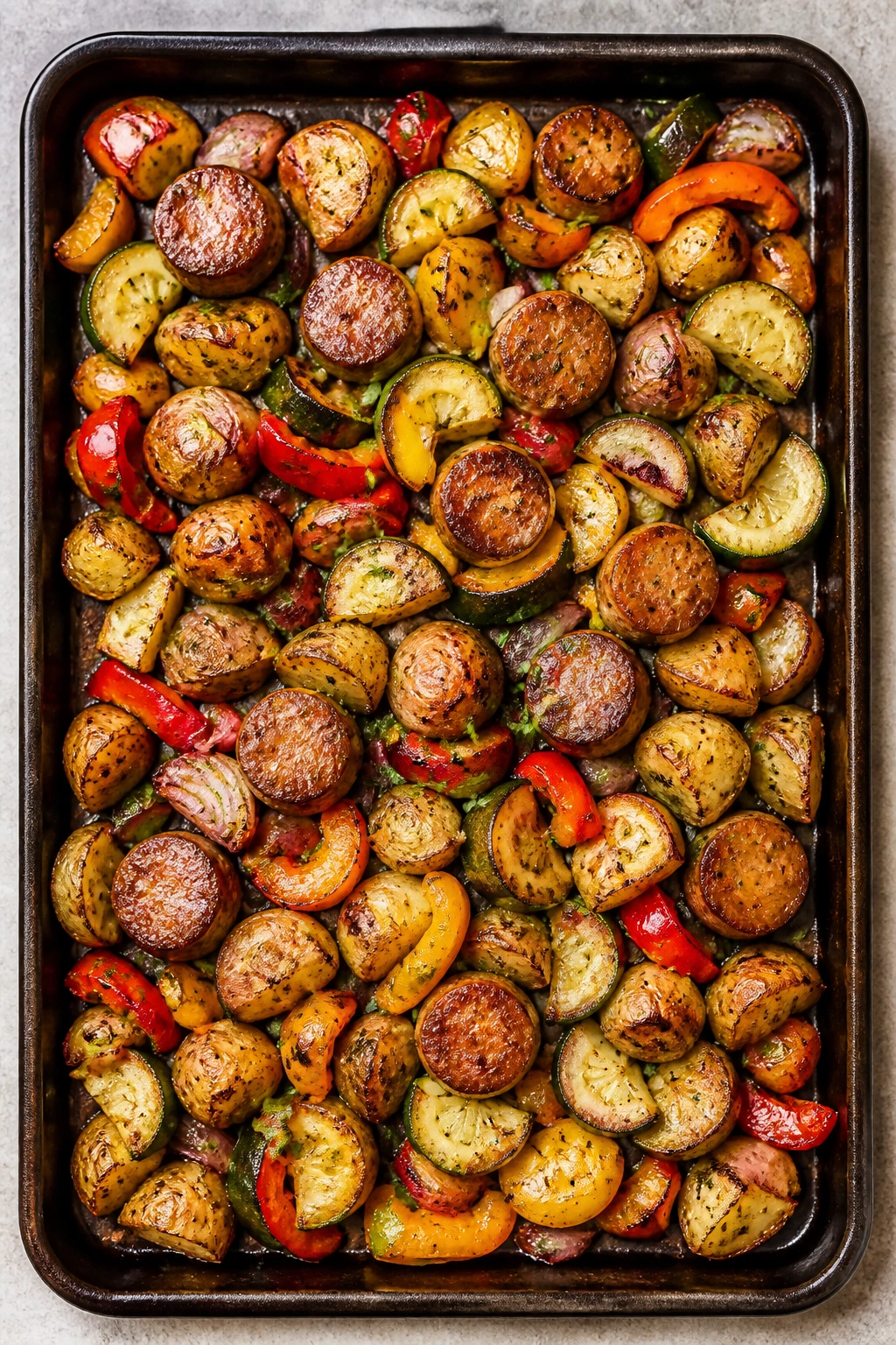 Sheet pan with sausage, potatoes, and vegetables