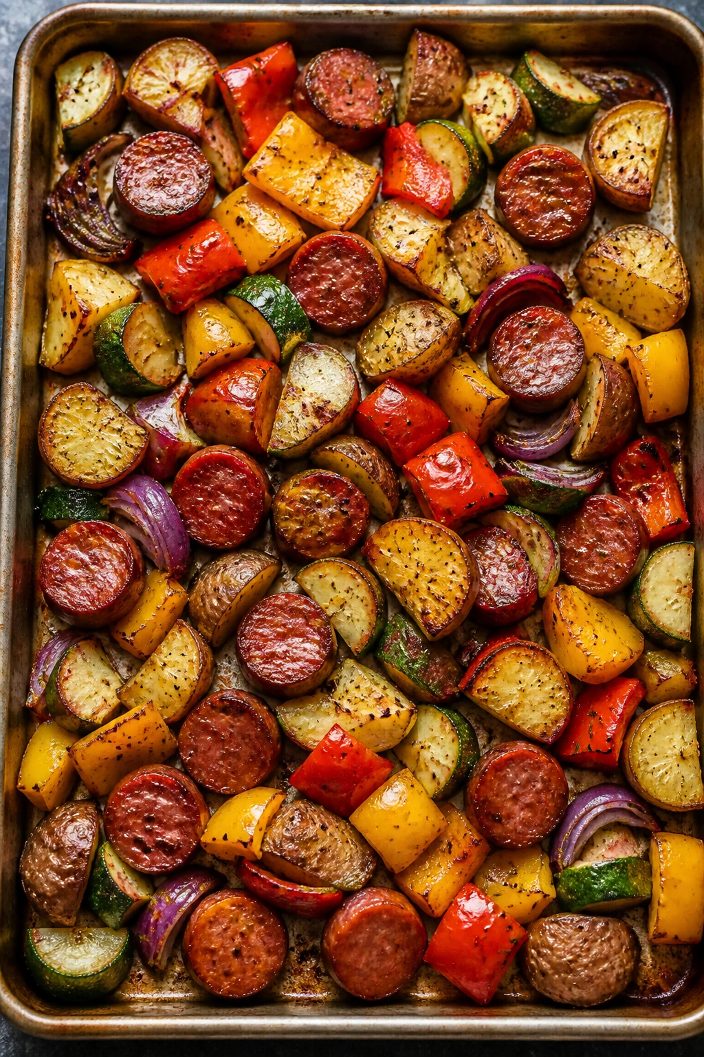 Sheet pan sausage and vegetables straight from the oven