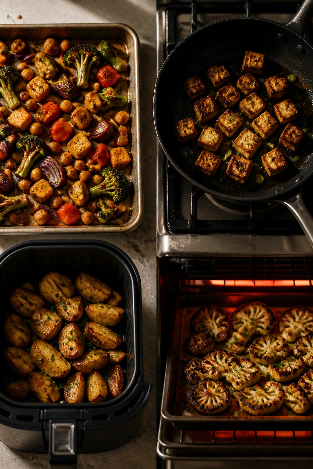 Top-down view of sheet pan, skillet, air fryer, and broiler in a kitchen