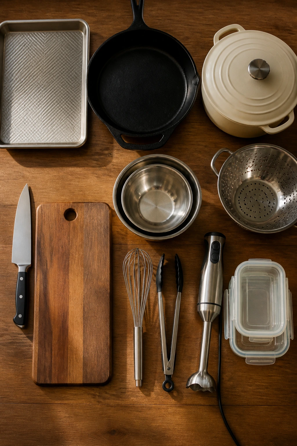 Collection of essential kitchen tools laid out on a wooden surface