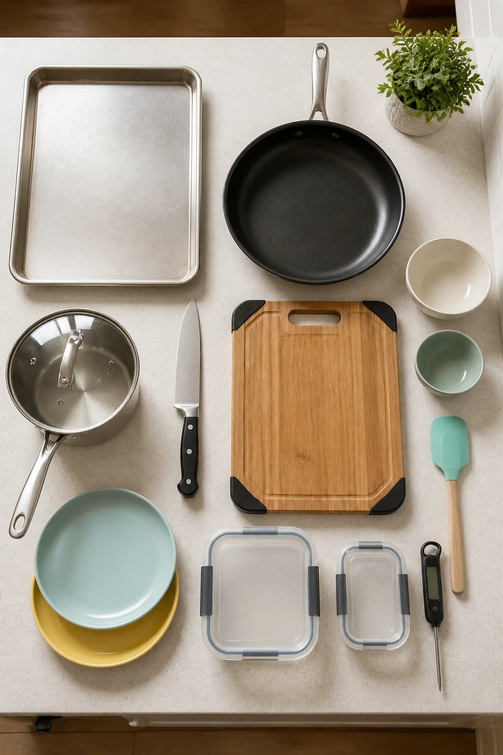 Top-down arrangement of kitchen tools on a counter